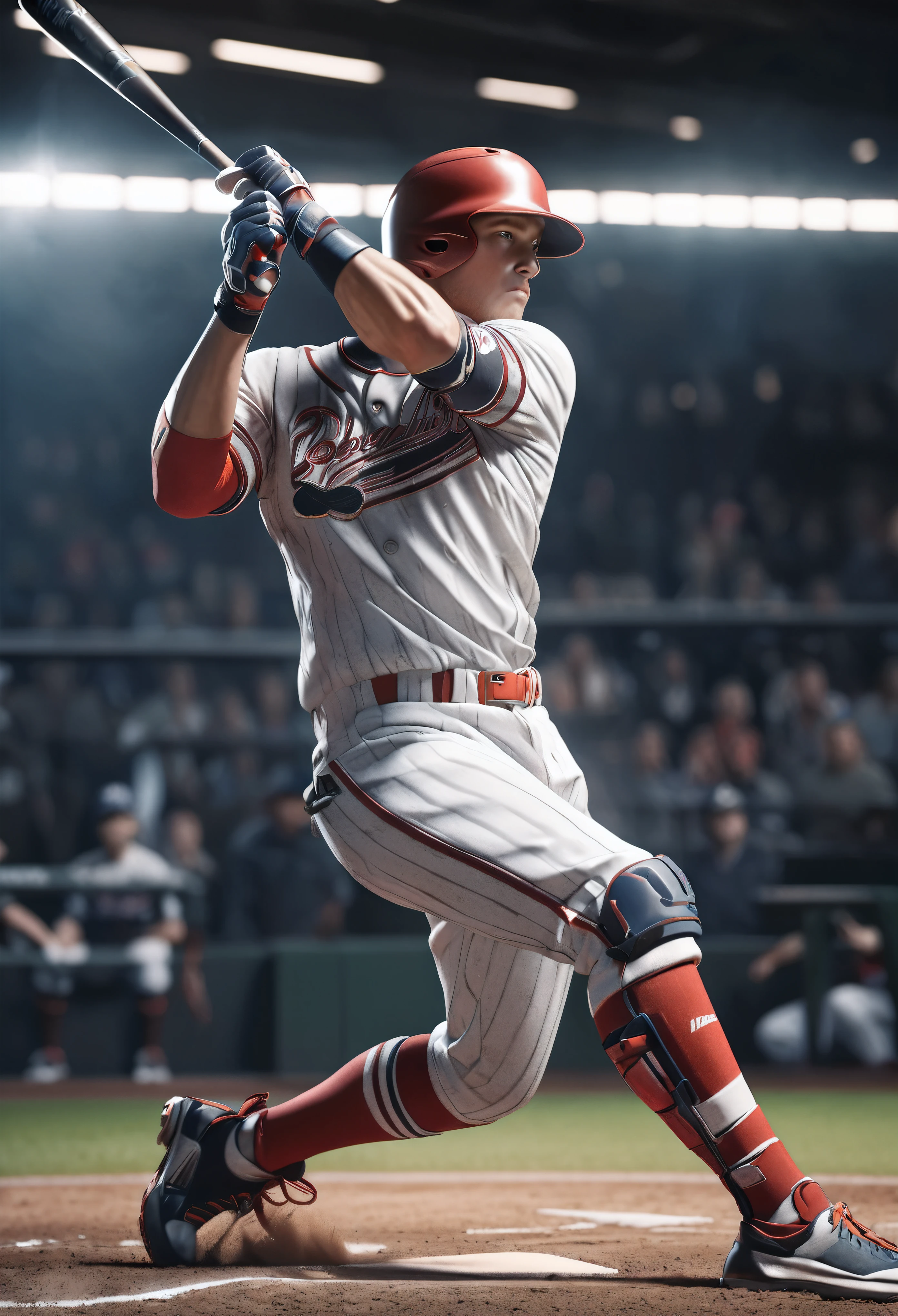 A dynamic baseball player in motion capture, high-quality 3D render, hyperrealistic details, legendary baseball player batting, dynamic swinging motion, impact-focused animated background, cinematic lighting, realistic skin textures, intricate muscle details, dramatic poses, dynamic motion blur, (best quality,8k,highres,masterpiece:1.2),ultra-detailed,(realistic,photorealistic,photo-realistic:1.37),highly detailed sports action scene,cinematic composition,dramatic lighting,vivid colors,dynamic motion blur,hyper-realistic baseball equipment,extreme sports motion capture