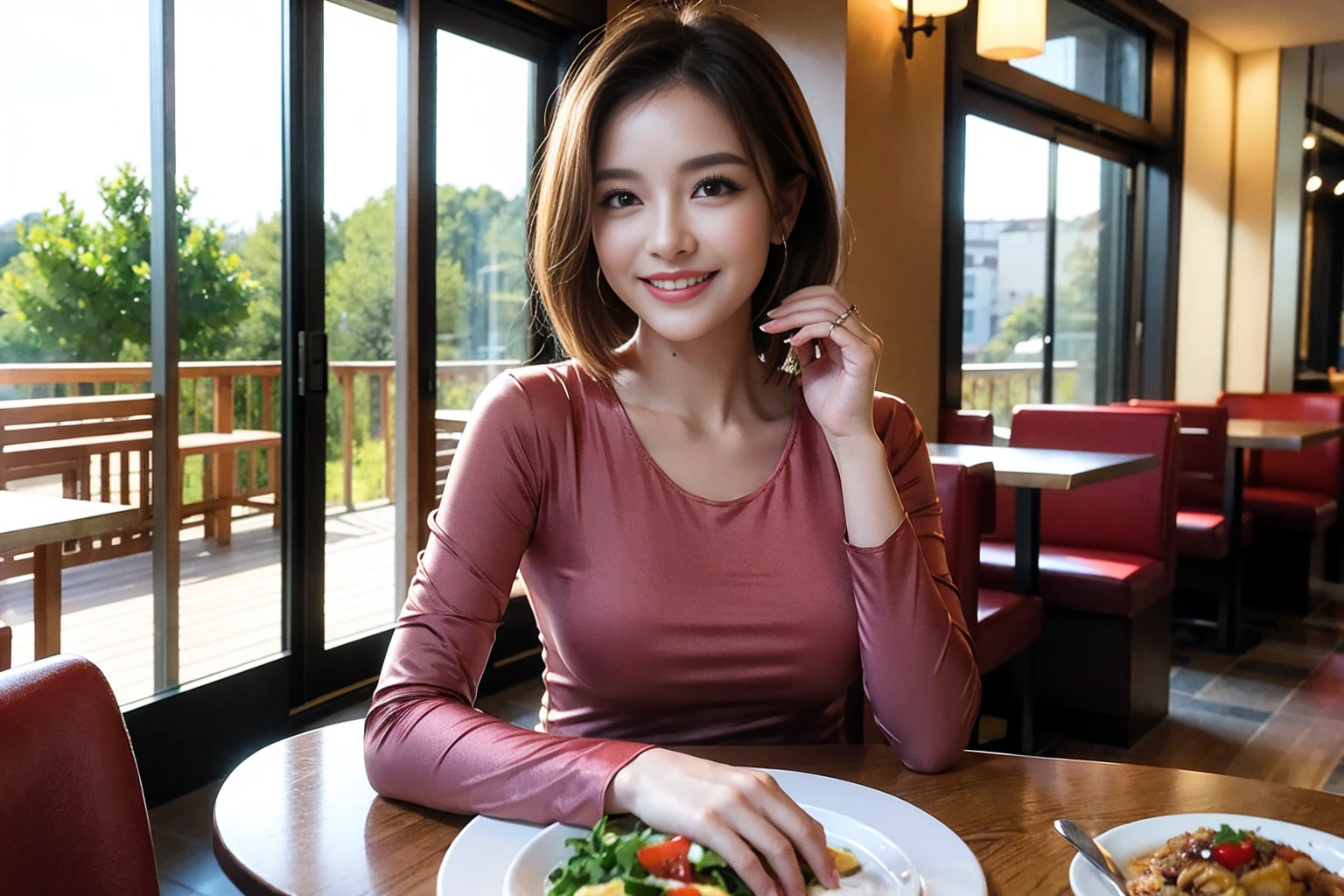 ((Highest quality、8K、masterpiece:1.3))、Shortcuts、cute、slimカップル、modelカップル、actress男優、(Realistic, Intricate details:1.2), full-course dinner、Wine Party、Amazing view of the sunset sky and clouds、A bright smile、short hair,Bright Face、 (Age 45), 42 years old, red wine 、Appetizers、Italian food、Wine bottle、Champagne、sparkling wine、Two beauties、Brown Hair、Shortcuts、Long sleeve shirt、dress、Beautiful woman 1, (slimな顔), (The body is slim), (Brown Hair), (Shortcuts), cheeks turn a little red,Attractive beauty、restaurant, In a prominent place (From the waist up) Nova Frog Style, actress, model, Upper Body, White wine, slim, wine glass, 中央に置かれたwine glass, smile, (smile: 1.15), Beautiful fine grain, Depth f/2,saturation, High Contrast, Strong light and shadow,Moist Body:1.5、3D texture、Delicate eyes、Brown Hair、The hair is very shiny、