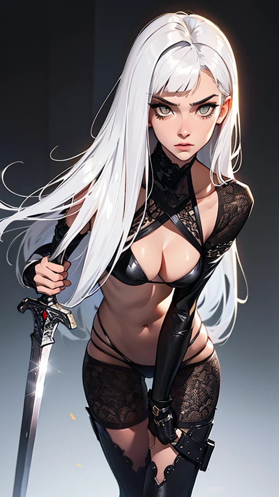(lifelike, high - resolution:1.3), 1 girl with a perfect body, slender body, Super fine face and eyes, amber eyes, smokey look, annoyed, tall girl, pale skin, dark makeup, shiny skin, blunt bangs, very long white hair, (ebony micro bikini armor),small breasts, Expose cleavage, (gauntlets, greaves, intricate curved sword) , leaning forward, v arms