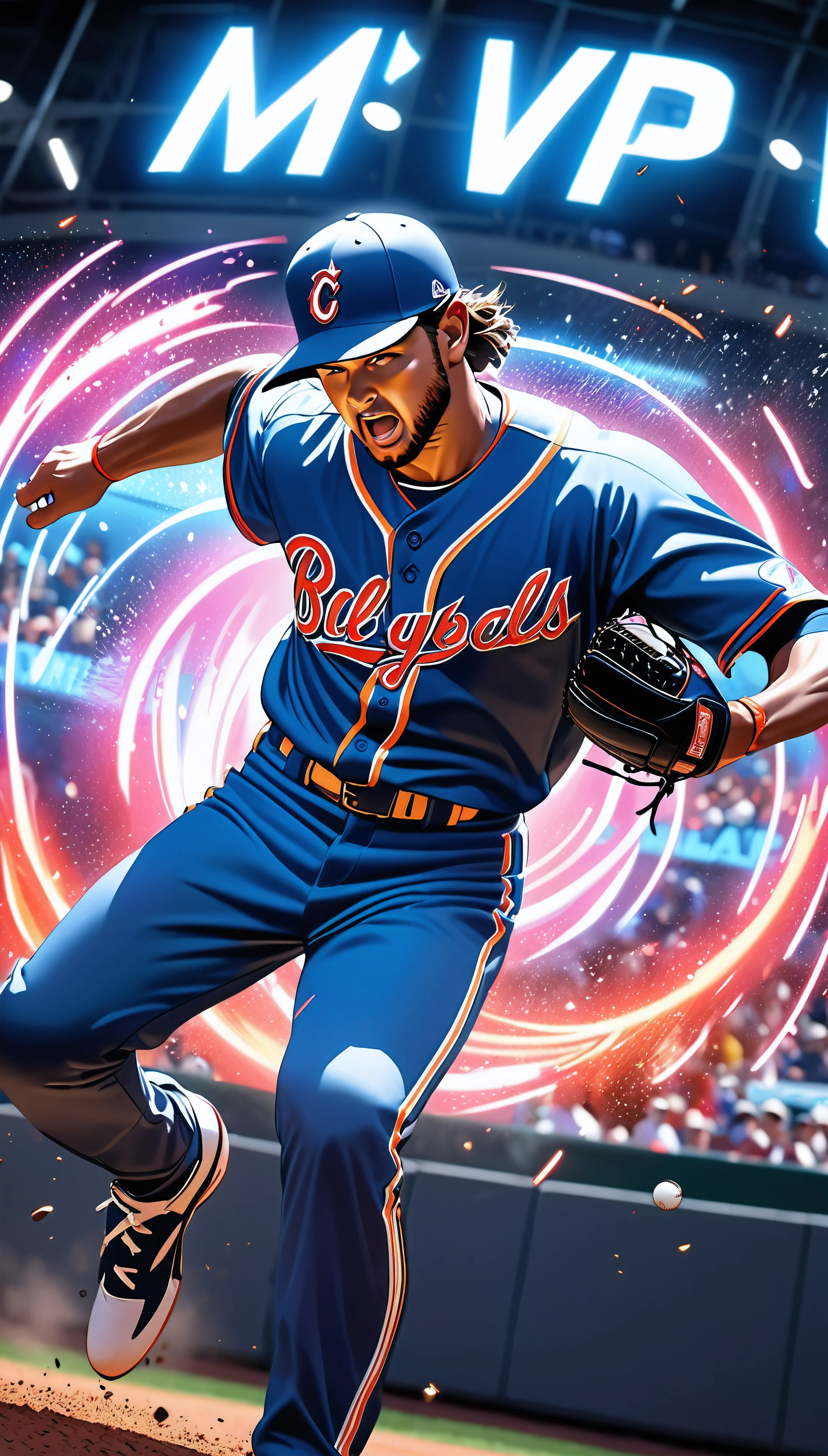 Neon art motion capture, Expressing the dynamic performance of baseball players, Detailed and realistic baseball players, Realistic Babe, Legendary plays from the world star who won the MVP award, Animated background with emphasis on impact, 