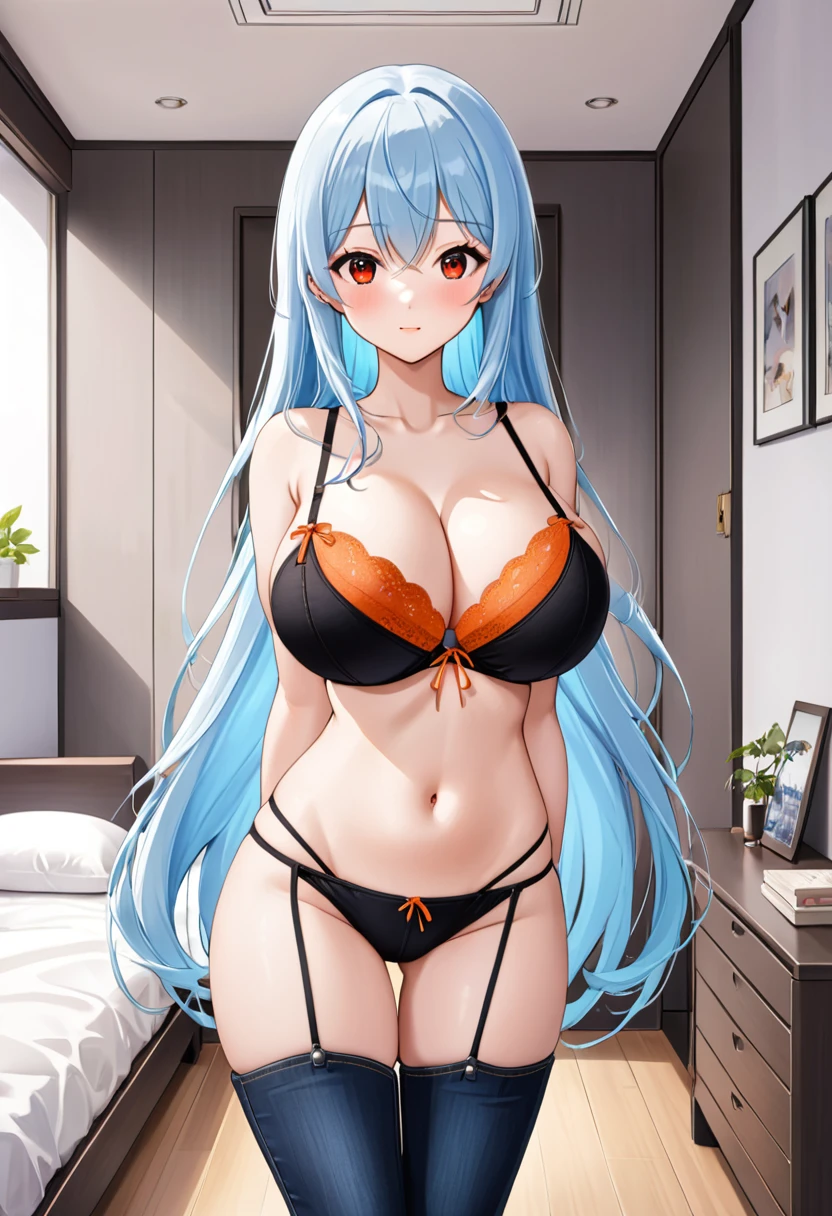 My name is Yukiko.I am a white test woman with long light blue  hair,red eye color.I am 1.62 cm tall . My breasts measure 200 cm, my waist 40 cm and my hips 200 cm. Dresseddressed in very short black jeans and an orange string bra   . With huge breasts 200 cm