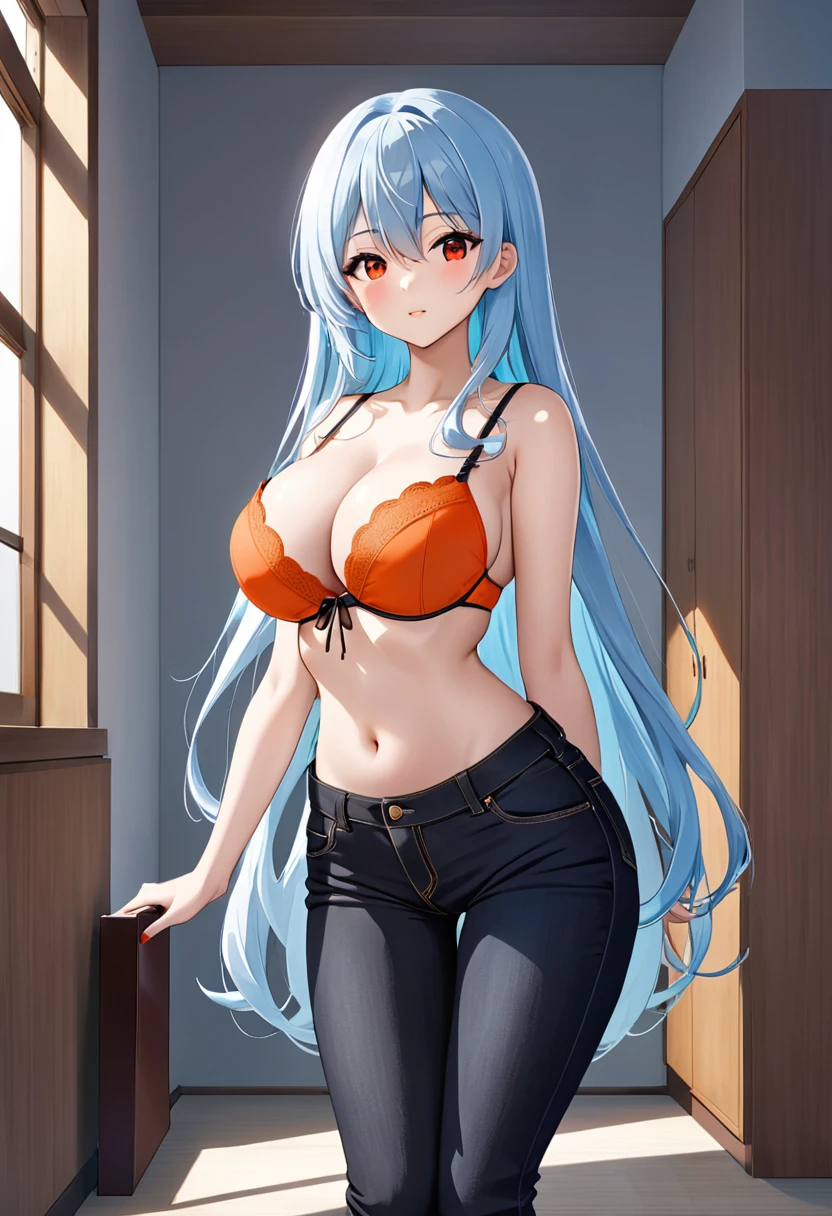 My name is Yukiko.I am a white test woman with long light blue hair,red eye color.I am 1.62 cm tall . My breasts measure 200 cm, my waist 40 cm and my hips 200 cm. Dresseddressed in very short black jeans and an orange string bra . With huge breasts 200 cm