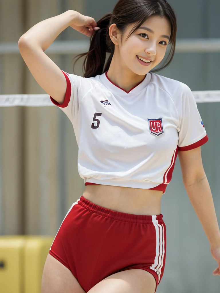 Highest quality, masterpiece, Ultra-high resolution, (Realistic:1.4), Raw photo, One girl, The most famous Japanese actresses, Wearing a volleyball uniform, Very beautiful face, very beautiful big eyes, Very beautiful hair, Very beautiful skin, Very beautiful long eyelashes, Very beautiful lips, Very beautiful hips, Very beautiful thighs, Upturned buttocks, Dynamic Pose, An innocent smile