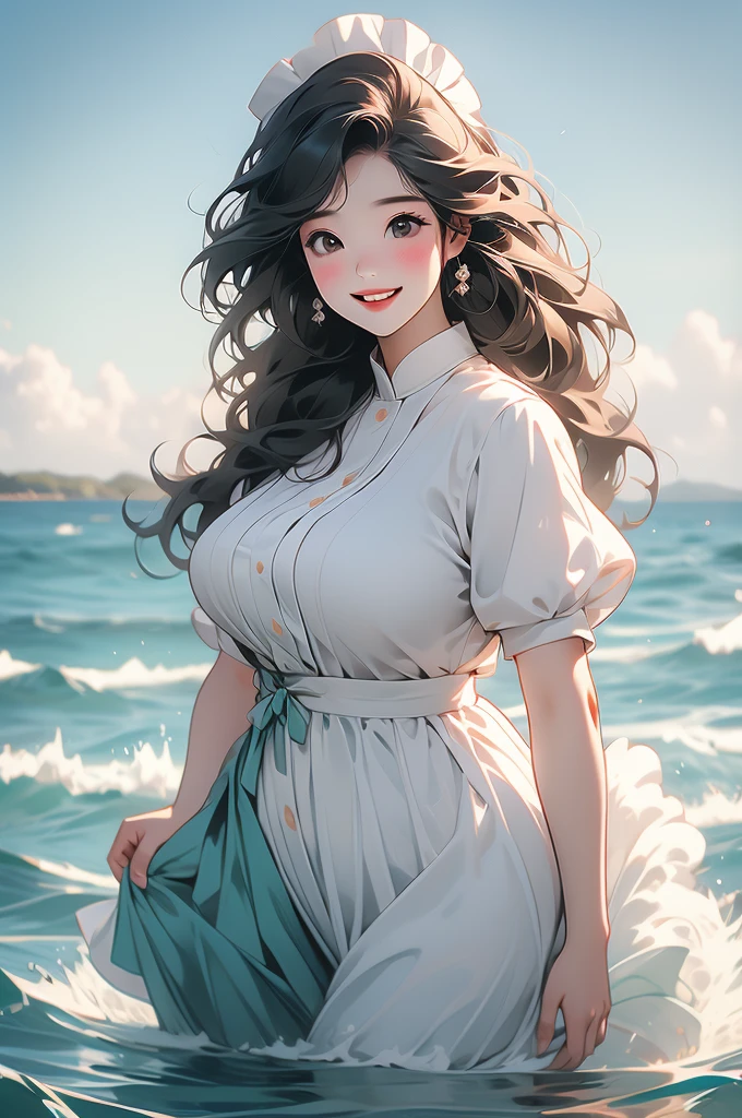 voluptuous, wide grin, maid uniform, black hair, standing in ocean