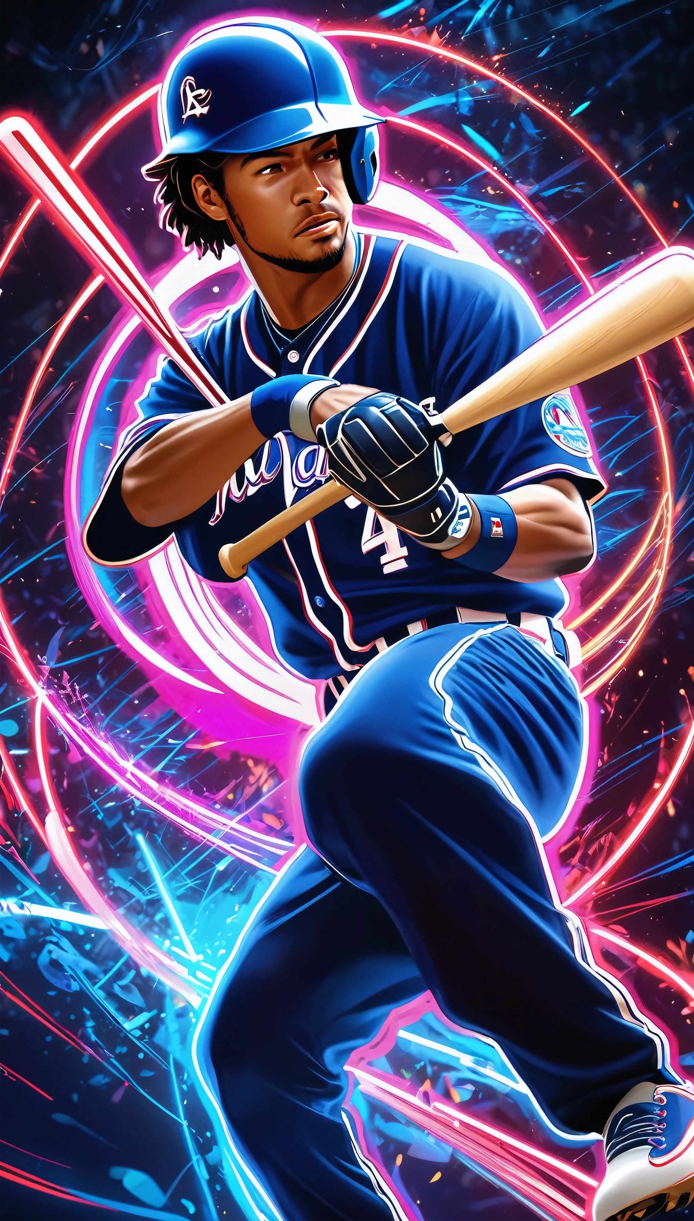 Neon art motion capture, Expressing the dynamic performance of baseball players, Detailed and realistic baseball players, Realistic Babe, Legendary plays from the world star who won the MVP award, Animated background with emphasis on impact,