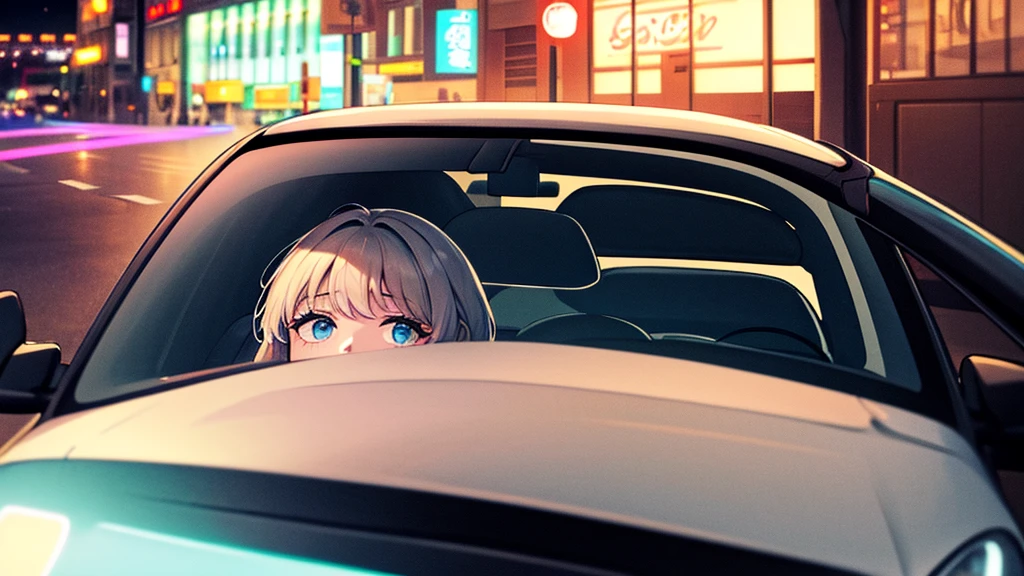Create an image from the angle inside a car, showing a woman with a thoughtful expression on her face as she gazes out of the side window at the cityscape. The city outside should be visible, illuminated by streetlights and neon signs. Use soft, pastel colors and subtle gradients to capture a dreamy, reflective atmosphere. Ensure the interior of the car feels cozy and comfortable, adding to the overall serene vibe.窓の外を見ている。