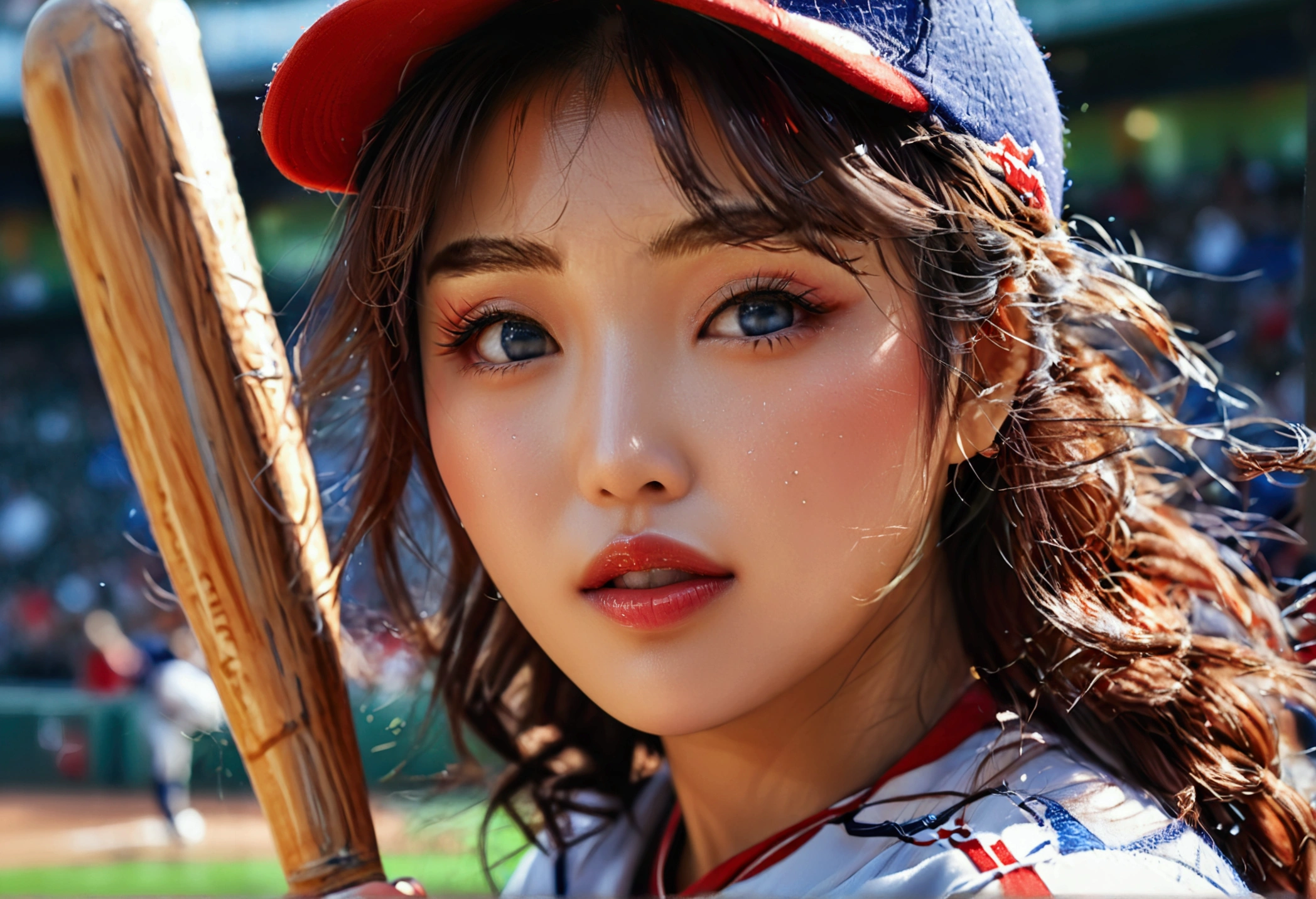a beautiful japanese woman in a foxy baseball uniform, pitching a ball, detailed facial features, beautiful eyes, detailed lips, long eyelashes, flawless skin, toned athletic body, baseball stadium, cheering crowd, dynamic action, (best quality, 4k, 8k, highres, masterpiece:1.2), ultra-detailed, (realistic, photorealistic, photo-realistic:1.37), HDR, UHD, studio lighting, ultra-fine painting, sharp focus, physically-based rendering, extreme detail description, professional, vivid colors, bokeh, sports, baseball, anime