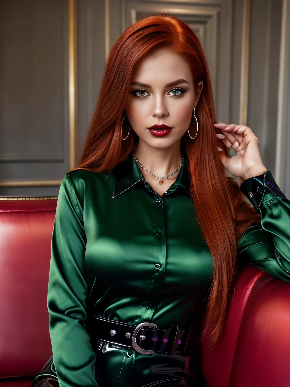 (1girl:1.34), (face and upper body view: with face and hair fully visible:2.3), (solo), (realistic photography), (elegant redhead dominant woman sitting on a couch wearing formal dark green shiny long sleeved satin collared shirt strictly buttoned all the way up :2.3), (wears one long sleeved dark green collared satin shirt:2.2), (wears one large black pvc belt with silver buckle :1.72), (her left hand caresses her belt:1.71), (wears one pearl necklace:1.63), (her right hands caresses her necklace:1.62), (wears long black glossy patent leather trousers:1.5), (looking at the camera with intense dominant eyes:1.44), (long straight red hair:1.43), (asymetric hairstyle:1.42), (clear white skin:1.41), (brown eyes:1.34), (latina type eyes:1.33), (slim body, medium breasts:1.32), heavy sophisticted make-up, deep dark eye shadow, thick lips, (dark shiny glossy lipstick:1.25), hourglass figure, seductive face, large round hoop silver earrings, soft volumetric lights, intricate details, (ArtStation:1.2)