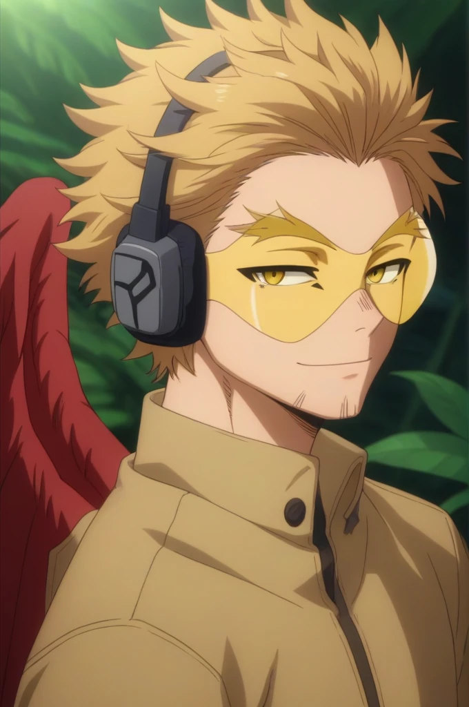 score_9, score_8_up, score_7_up, source_anime, rating_safe, , anime screencap, , , looking at viewer, , boy , male focus, keigo_takami, blonde hair, yellow eyes, short hair, stubble, wings, feathered wings, red wings, tinted eyewear, headphones, , profile, jungle, dark, standing, half-closed eyes, smile, , Junto chica de cabello rojo , ojos rojos ,cuerpo de reloj arena , traje latex, negro 