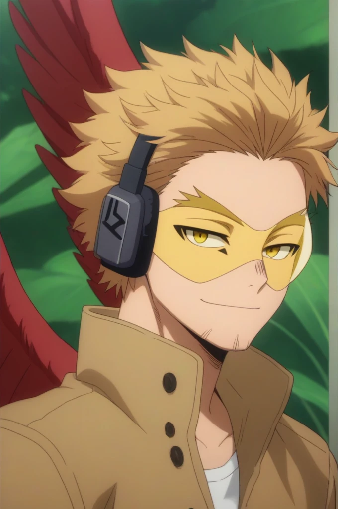 score_9, score_8_up, score_7_up, source_anime, rating_safe, , anime screencap, , , looking at viewer, , boy , male focus, keigo_takami, blonde hair, yellow eyes, short hair, stubble, wings, feathered wings, red wings, tinted eyewear, headphones, , profile, jungle, dark, standing, half-closed eyes, smile, , Junto chica de cabello rojo , ojos rojos ,cuerpo de reloj arena , traje latex, negro 