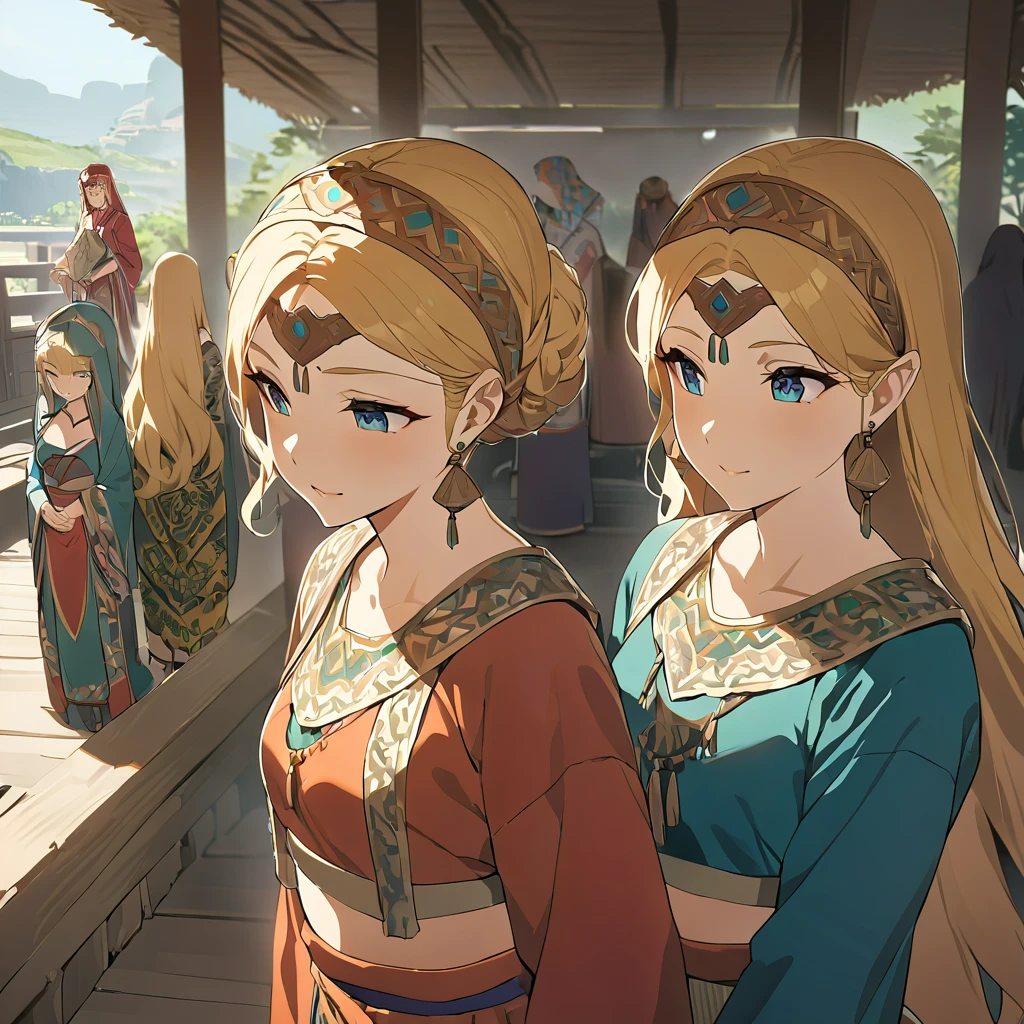 ((Highest quality)), ((masterpiece)), (detailed), (Perfect Face)、The woman is Queen Zelda of the Gerudo tribe, blonde with blue eyes.、The woman is wearing the traditional Gerudo costume and is chatting with other Gerudo women.