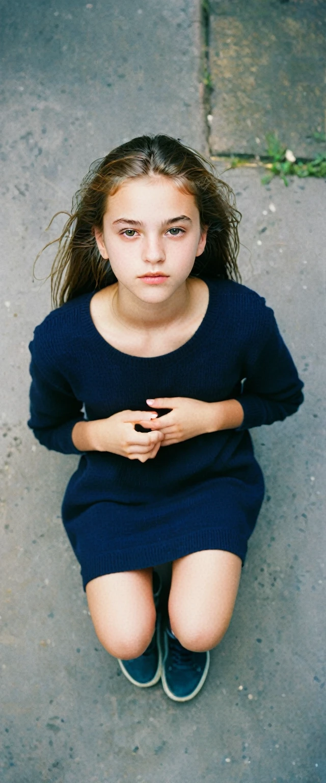 portrait, 1 girl, (18year old girl), Tween-Modell, sslim, small, undeveloped, 90s, analogue , ​masterpiece, best quality, photorealestic, from above, kneeling