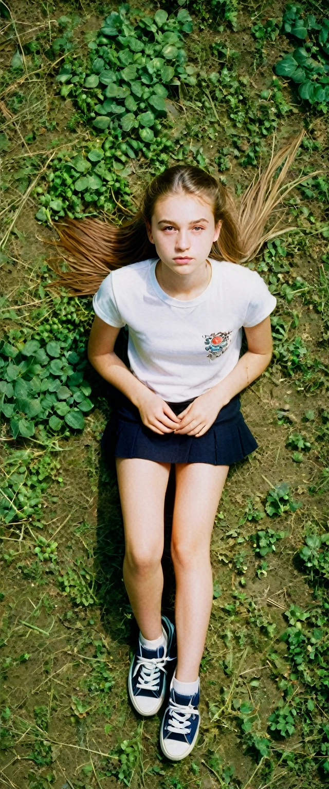 portrait, 1 girl, (18year old girl), Tween-Modell, sslim, small, undeveloped, 90s, analogue , masterpiece, best quality, photorealestic, from above, kneeling