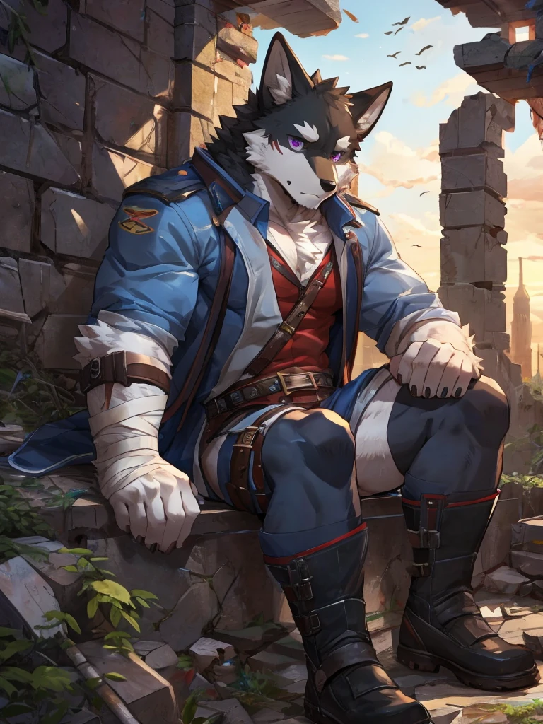 embedding:black wolf, male,purple eyes,Scar on the face, scar on the body,Single person,The end of the world,sit in the ruins,His leg was bandaged,A shabby uniform,Modern cities,A heavy expression,Serious expression, a little sad.Fleshy thighs,Thigh straps,With an iron bar in his hand,The highest quality of scene detail,adult,Tall and powerful,muscle，Best quality hands, best quality eye，detailed fur，Delicate eyes.Extreme picture quality，by sollyz,by zixiong,by milkytiger1145