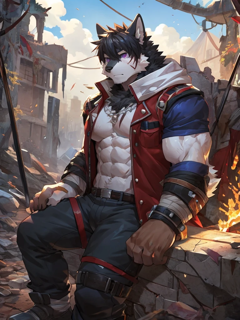 embedding:black wolf, male,purple eyes,Scar on the face, scar on the body,Single person,The end of the world,sit in the ruins,His leg was bandaged,A shabby uniform,Modern cities,A heavy expression,Serious expression, a little sad.Fleshy thighs,Thigh straps,With an iron bar in his hand,The highest quality of scene detail,adult,Tall and powerful,muscle,Best quality hands, best quality eye,detailed fur,Delicate eyes.Extreme picture quality,by sollyz,by zixiong,by milkytiger1145