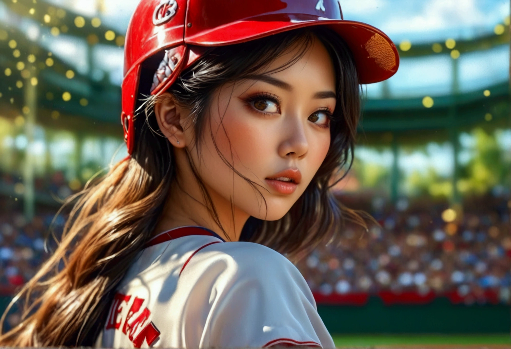 a beautiful japanese woman in a foxy baseball uniform, pitching a ball, detailed facial features, beautiful eyes, detailed lips, long eyelashes, flawless skin, toned athletic body, baseball stadium, cheering crowd, dynamic action, (best quality, 4k, 8k, highres, masterpiece:1.2), ultra-detailed, (realistic, photorealistic, photo-realistic:1.37), HDR, UHD, studio lighting, ultra-fine painting, sharp focus, physically-based rendering, extreme detail description, professional, vivid colors, bokeh, sports, baseball, anime