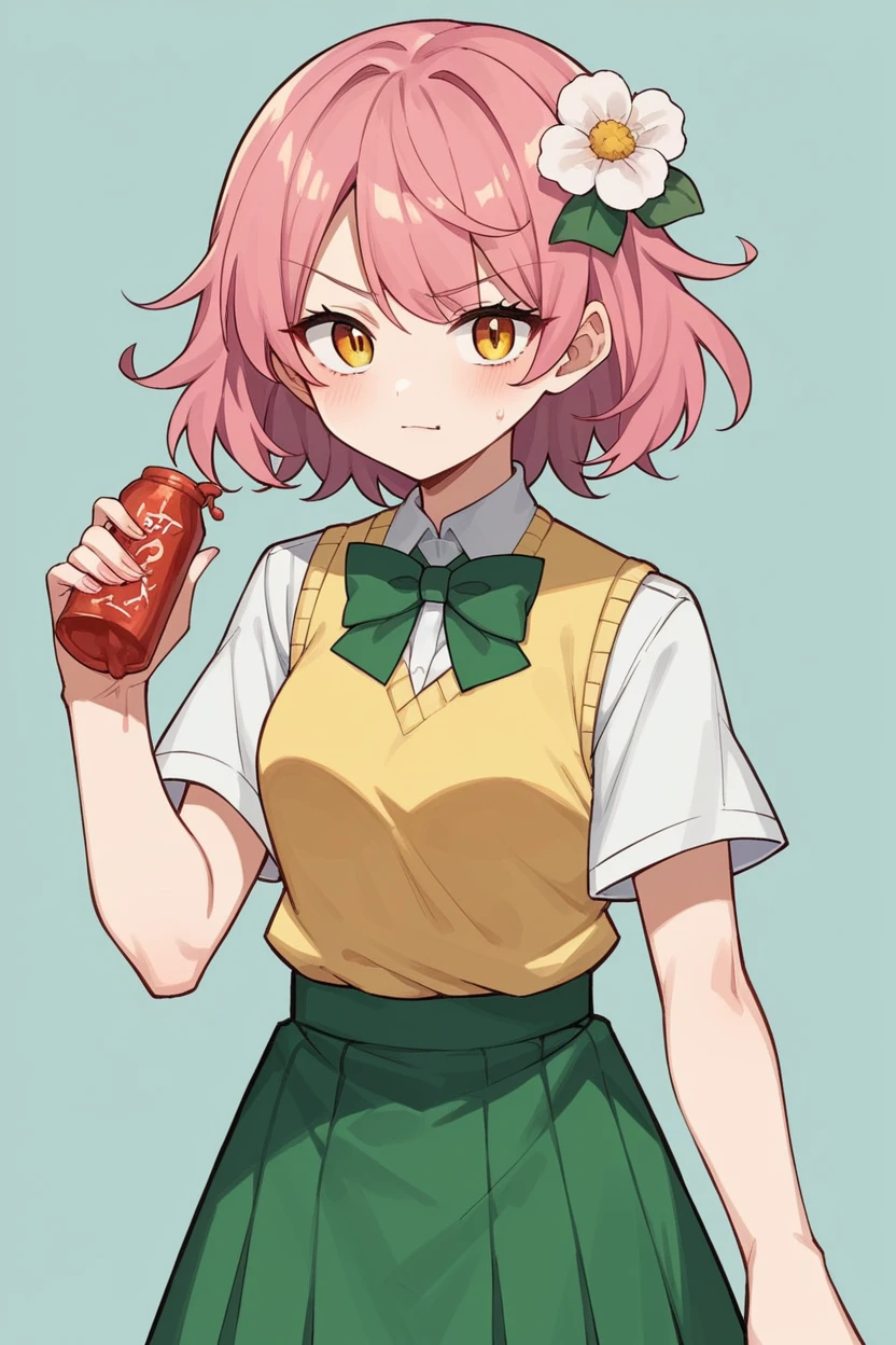 score_9, score_8_superior, sauce_anime, Blake 1girl tlrmomo, Pink Hair, Hair Flowers, Green bow tie, Yellow sweater vest, White shirt, Short sleeve, Green mini skirt, Devil's Tail, View your viewers, Happy, Open your mouth, blue sky, wood, waist superior,Tied up with rope,
