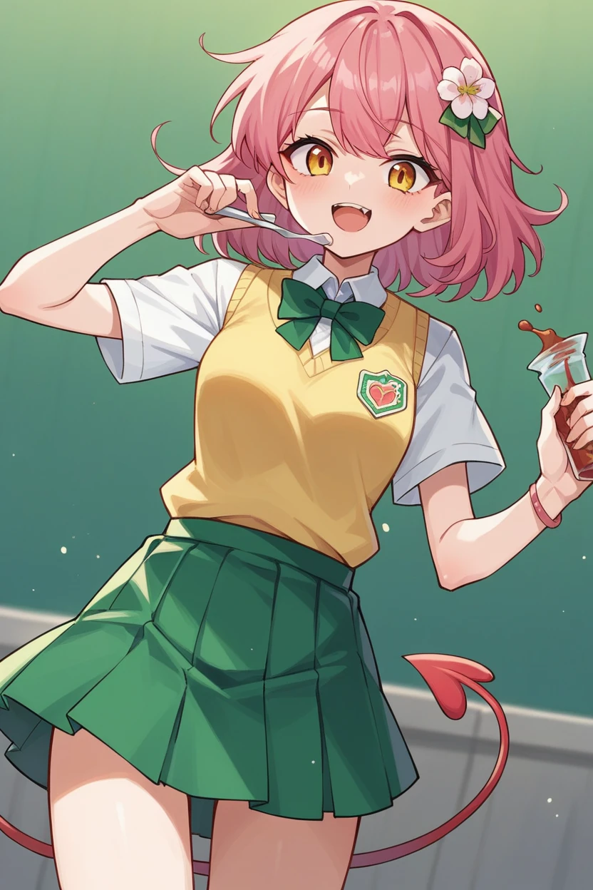 score_9, score_8_superior, sauce_anime, Blake 1girl tlrmomo, Pink Hair, Hair Flowers, Green bow tie, Yellow sweater vest, White shirt, Short sleeve, Green mini skirt, Devil's Tail, View your viewers, Happy, Open your mouth, blue sky, wood, waist superior,Tied up with rope,
