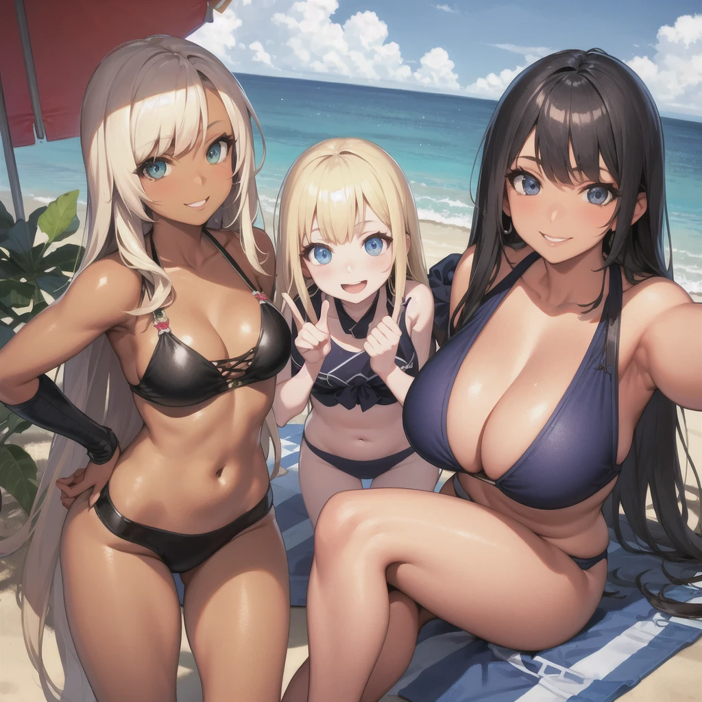 Realistic, 3 beautiful Japanese gals, Selfie, Face Enhancement, Face Zoom, Big smile, Long blonde hair, Wavy Hair, Dark Skin, Beach, bikini, Looking up from below