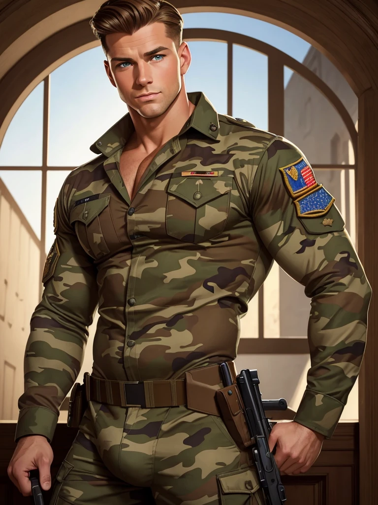 hest and belly are densely overgrown with fur, the belly is standing naked in the room without pants or trousers, the big dick is raised up, the boner is erect. , Portrait of a SEAL soldier, a muscular blond 23-year-old with an impudent, arrogant and sexy face, , A SEAL officer's dress uniform hangs on a hanger near the wall