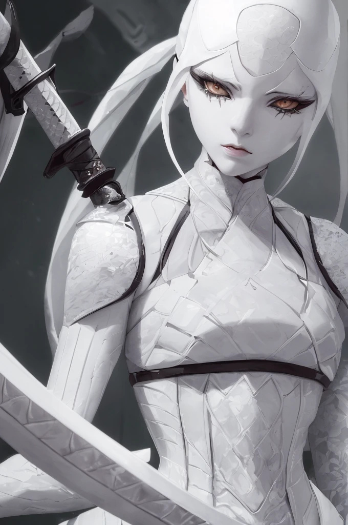 A blind female ninja, white outfit, completely white eyes, beautiful detailed eyes, beautiful detailed lips, extremely detailed face and features, long eyelashes, porcelain skin, graceful pose, katana sword, dark mysterious background, dramatic lighting, cinematic composition, chiaroscuro lighting, dark fantasy, moody atmosphere, high contrast, vibrant colors, fullbodyshot.
