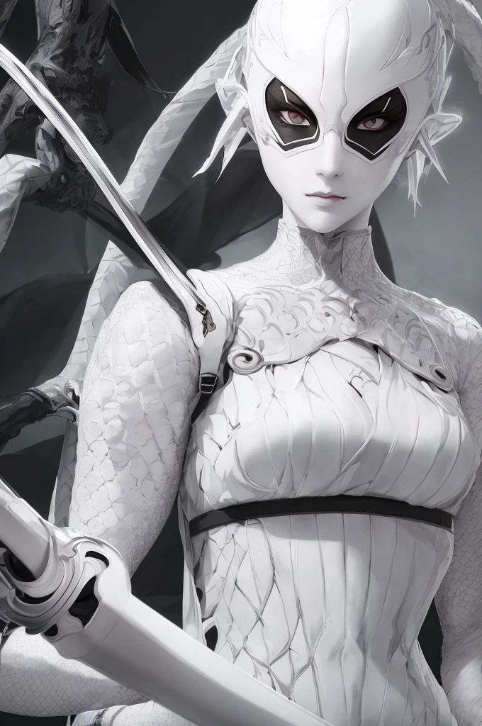 A blind female ninja, white outfit, completely white eyes, beautiful detailed eyes, beautiful detailed lips, extremely detailed face and features, long eyelashes, porcelain skin, graceful pose, katana sword, dark mysterious background, dramatic lighting, cinematic composition, chiaroscuro lighting, dark fantasy, moody atmosphere, high contrast, vibrant colors, fullbodyshot.