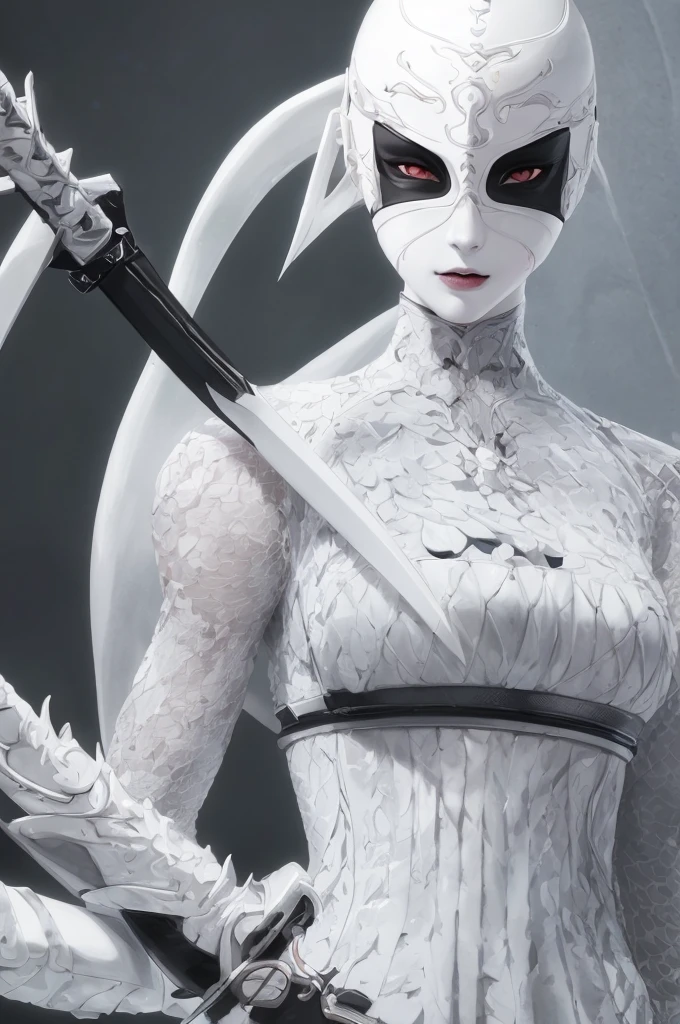 A blind female ninja, white outfit, completely white eyes, beautiful detailed eyes, beautiful detailed lips, extremely detailed face and features, long eyelashes, porcelain skin, graceful pose, katana sword, dark mysterious background, dramatic lighting, cinematic composition, chiaroscuro lighting, dark fantasy, moody atmosphere, high contrast, vibrant colors, fullbodyshot.