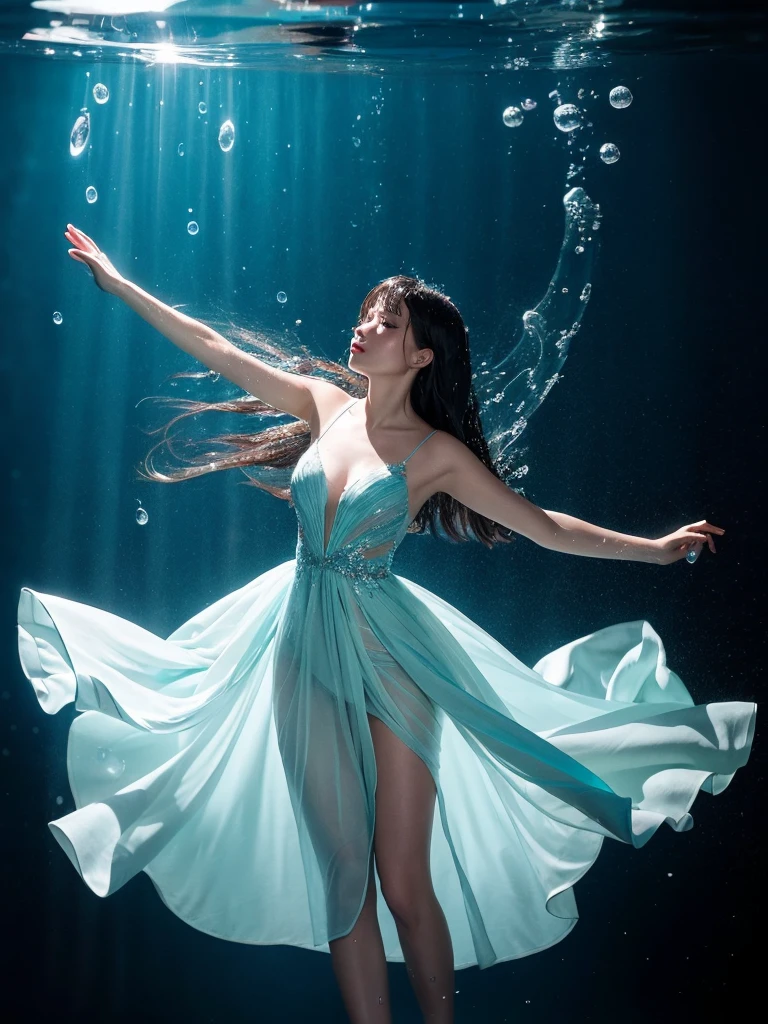 Young woman wearing a dress entirely made of transparent flowing water. Fluid, cascading gown with dynamic water movement. creating a mesmerizing blend of flowing liquid and delicate bubble structures. Dynamic poses, dancing, Shimmering, iridescent water surface with rainbow reflections on bubble areas. Water drops of various sizes forming the dress's texture. High-detail photography, fantasy concept art style. Simple plain light blue background. Flowing water in space.