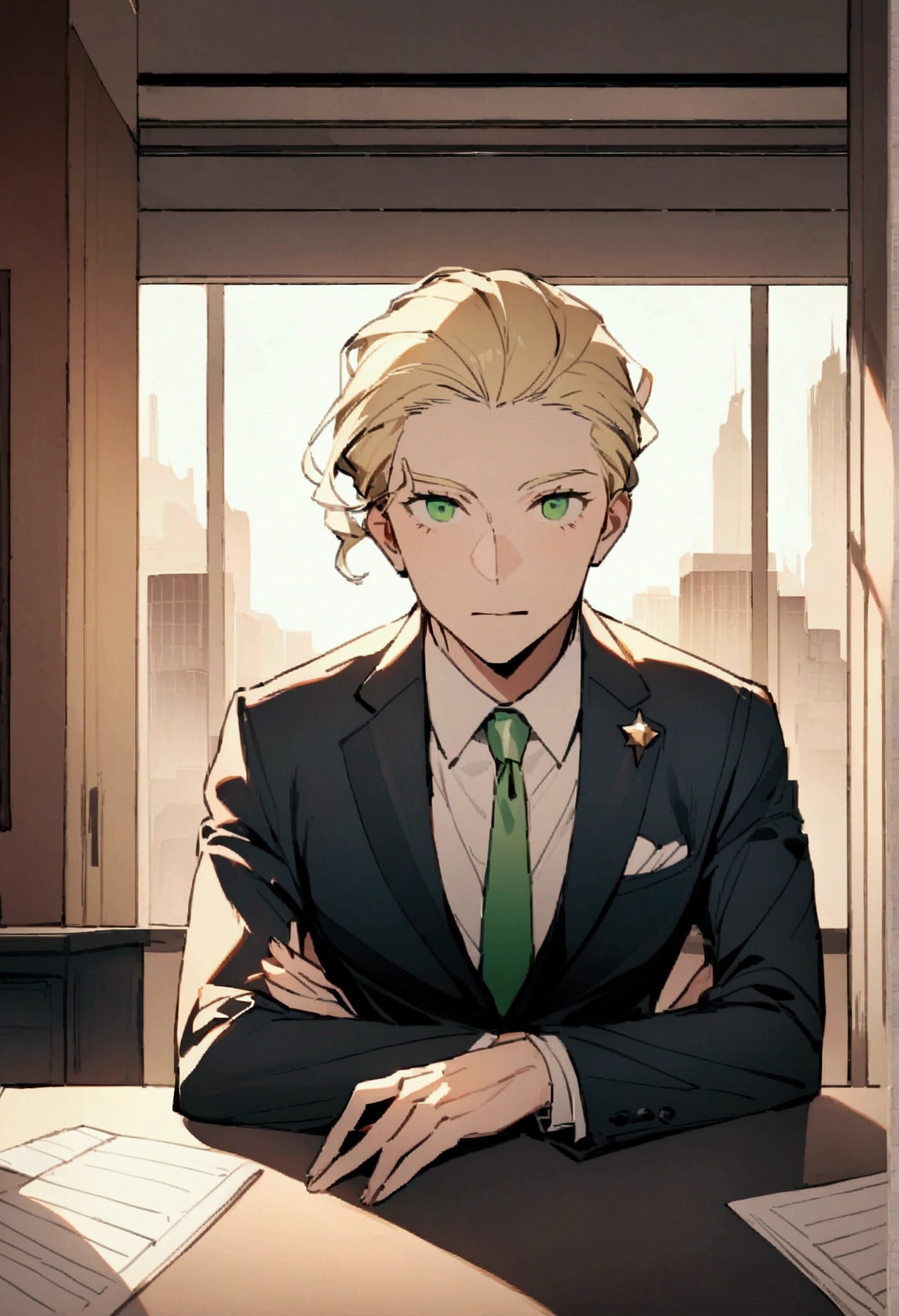 Portrait of a Sao Paulo businessman sitting behind a desk in a suit. The man must be white, blonde, green eyes, Beautiful, elegant images should be 8K、You should see Sao Paulo behind it、straight ahead、looking at the camera