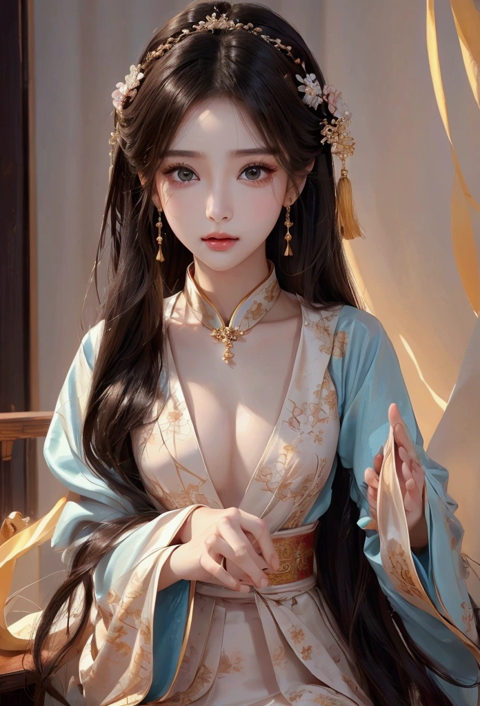 Best image quality、8K、masterpiece：1.3))、Realistic high-quality photos、Highest quality、 Beautiful face、Photos of slim models、Beautiful girl model、Young and pretty face、Beautiful model girl、A lovely and delicate face、Black Hair、Beautiful brown eyes、Young Body、Hanfu, (emphasize)、from the front、Camera gaze,、Anatomically correct、胸の谷間をemphasize