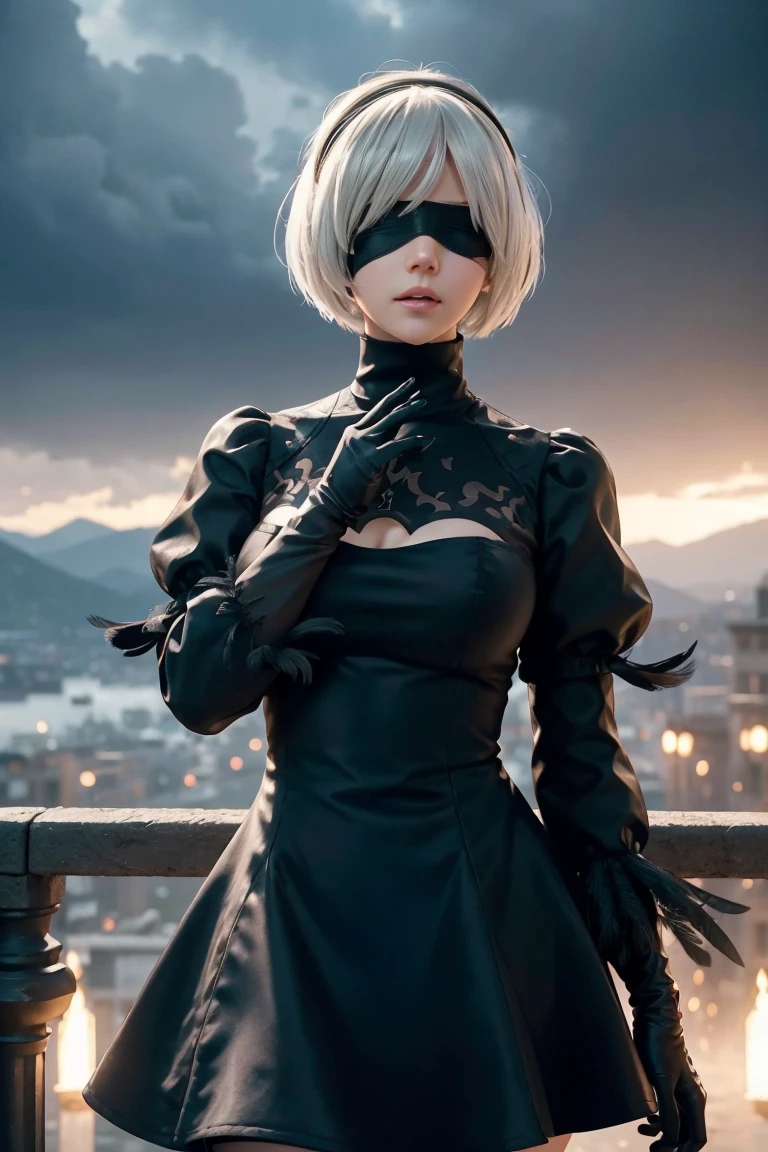2B Nier Automata,Bobcut, Gray Hair,Long sleeve, Juliet Sleeve, White gloves, turtleneck, bangs, Feather ornament, Feather ornament sleeves, Blindfold, Black Goth Dress,Japanese Ultra HD,super high quality,masterpiece,Digital SLR,Photorealistic,Detailed details,Vivid details,Depicted in detail,A detailed face,Detailed details,Super Detail,Realistic skin texture,Anatomical basis,Perfect ???????,Anatomically correct hand,Anatomically correct fingers,Complex 3D rendering,Sexy pose,Rainy Sky,Beautiful scenery,Fantastic rainy sky,Fantasy worldview,Picturesque,Pink Lips,Black butterfly々Fluttering,Black Rose Field,