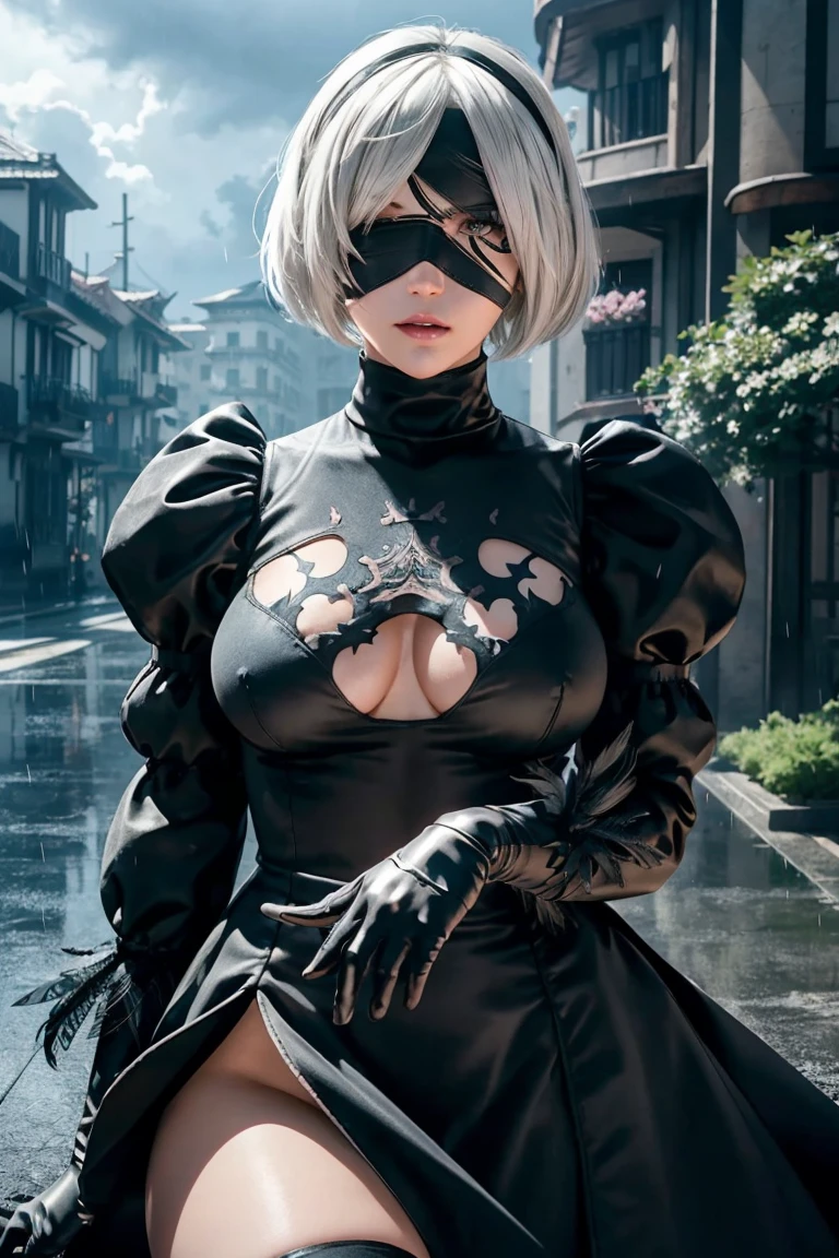 2B Nier Automata,Bobcut, Gray Hair,Long sleeve, Juliet Sleeve, White gloves, turtleneck, bangs, Feather ornament, Feather ornament sleeves, Blindfold, Black Goth Dress,Japanese Ultra HD,super high quality,masterpiece,Digital SLR,Photorealistic,Detailed details,Vivid details,Depicted in detail,A detailed face,Detailed details,Super Detail,Realistic skin texture,Anatomical basis,Perfect Anatomy,Anatomically correct hand,Anatomically correct fingers,Complex 3D rendering,Sexy pose,Rainy Sky,Beautiful scenery,Fantastic rainy sky,Fantasy worldview,Picturesque,Pink Lips,Black butterfly々Fluttering,Black Rose Field,