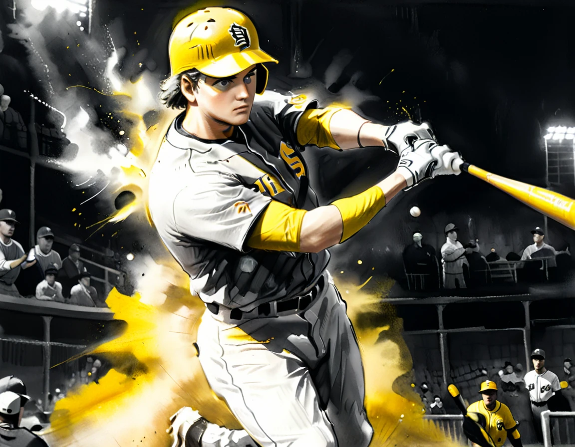 Charcoal work of art, ((using only black, white and yellow1.5)) masterpiece, a ((baseball player: 1.5)),  hitting a home run in baseball game, highest quality, Best aesthetics), best details, best quality, highres, ultra wide angle, 16k, [ultra detailed], masterpiece, best quality, (extremely detailed), charcoal