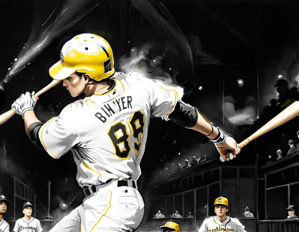 Charcoal work of art, ((using only black, white and yellow1.5)) masterpiece, a ((baseball player: 1.5)),  hitting a home run in baseball game, highest quality, Best aesthetics), best details, best quality, highres, ultra wide angle, 16k, [ultra detailed], masterpiece, best quality, (extremely detailed), charcoal