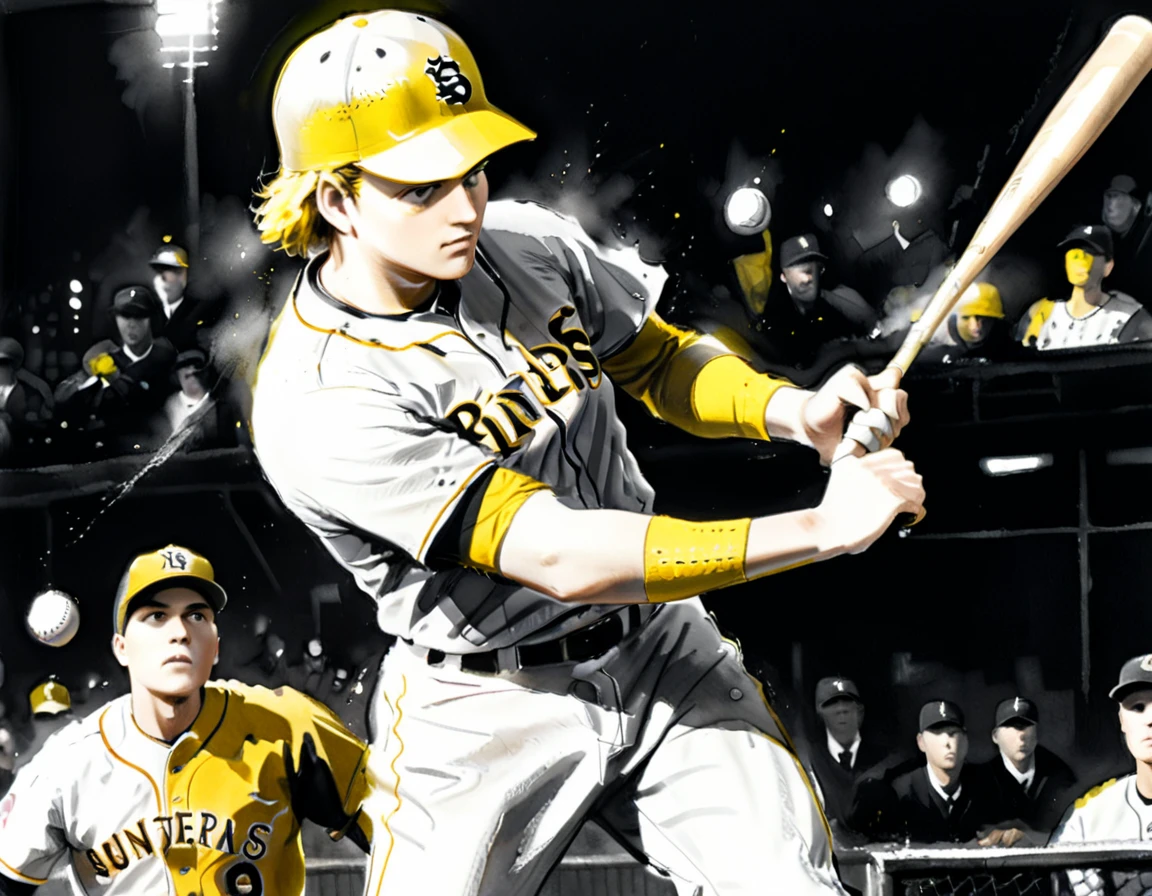 Charcoal work of art, ((using only black, white and yellow1.5)) masterpiece, a ((baseball player: 1.5)),  hitting a home run in baseball game, highest quality, Best aesthetics), best details, best quality, highres, ultra wide angle, 16k, [ultra detailed], masterpiece, best quality, (extremely detailed), charcoal