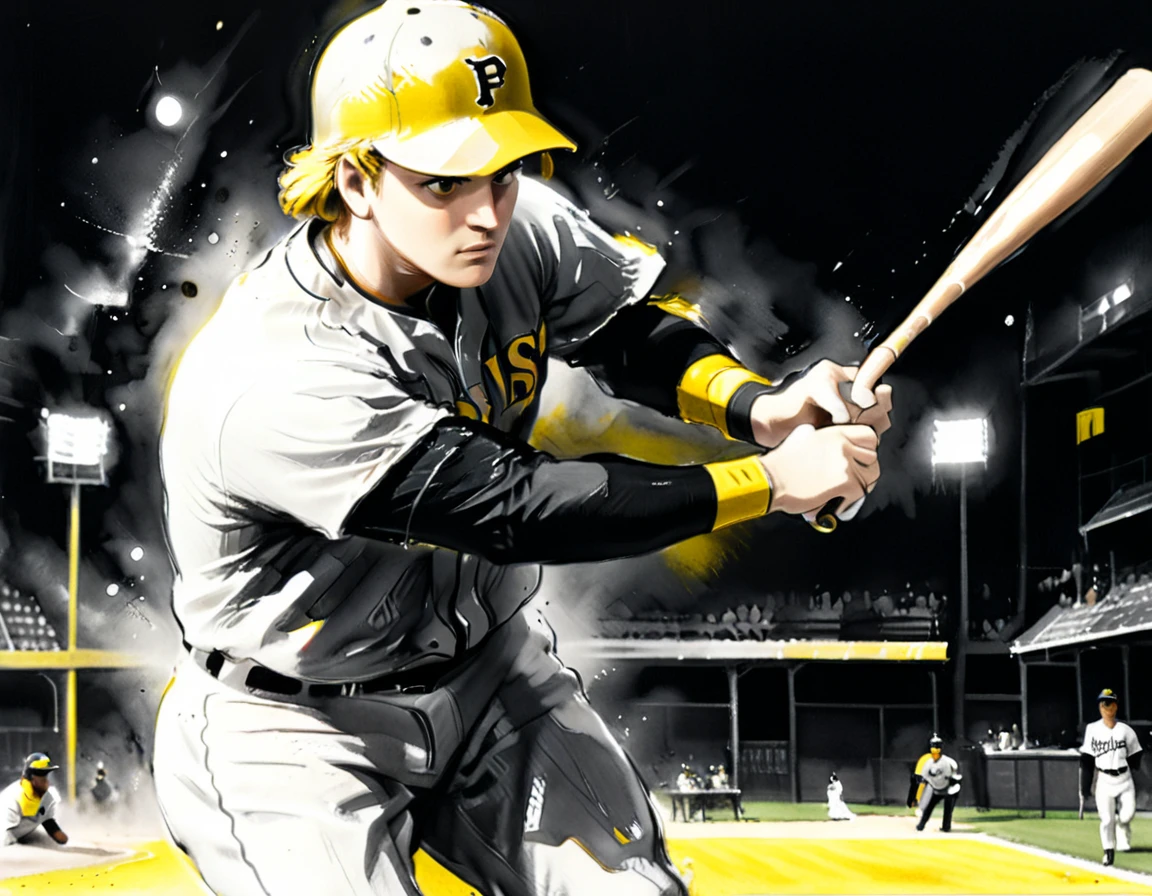 Charcoal work of art, ((using only black, white and yellow1.5)) masterpiece, a ((baseball player: 1.5)),  hitting a home run in baseball game, highest quality, Best aesthetics), best details, best quality, highres, ultra wide angle, 16k, [ultra detailed], masterpiece, best quality, (extremely detailed), charcoal