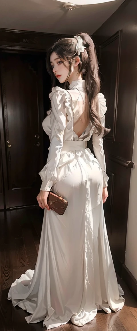 masterpiece、Highest quality、High resolution、Realistic、High resolution、RAW Photos、(Back view of a maid standing in the hallway of a luxurious mansion)、((One girl、Young woman hiding in the corner of the hallway、Detailed face and eyes、Beautiful Face、ponytail、Shiny skin、Realistic skin texture、Wearing a maid outfit、holding an attache case in one&#39;s hand、Dynamic pose、Long sleeve、 Big Breasts、Big Ass))、((Black maid outfit、Long sleeve、Long skirt、White apron、Head ornament、High heels))、(1boys, vaginale,sex) 