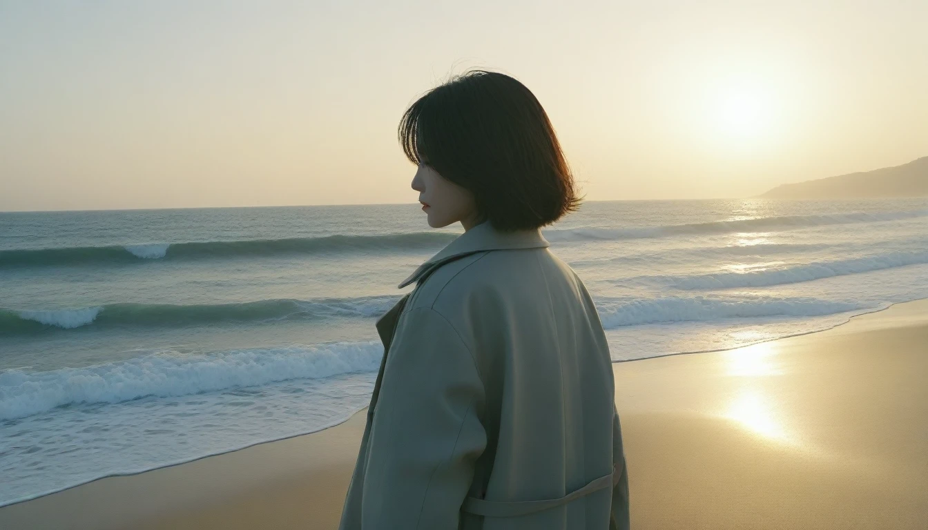 8K, Vivid picture quality, The picture quality is vivid,, long deserted beach, sunset view from afar, short hair that covers the neck, , trench coat, sunset의 붉은 빛, sunset, alone, afternoon, depressed, tide가 밀려온다, ocean, tide, wind, short korean girl, calm wave canon camera 16-35 wide angle lens, full body shot