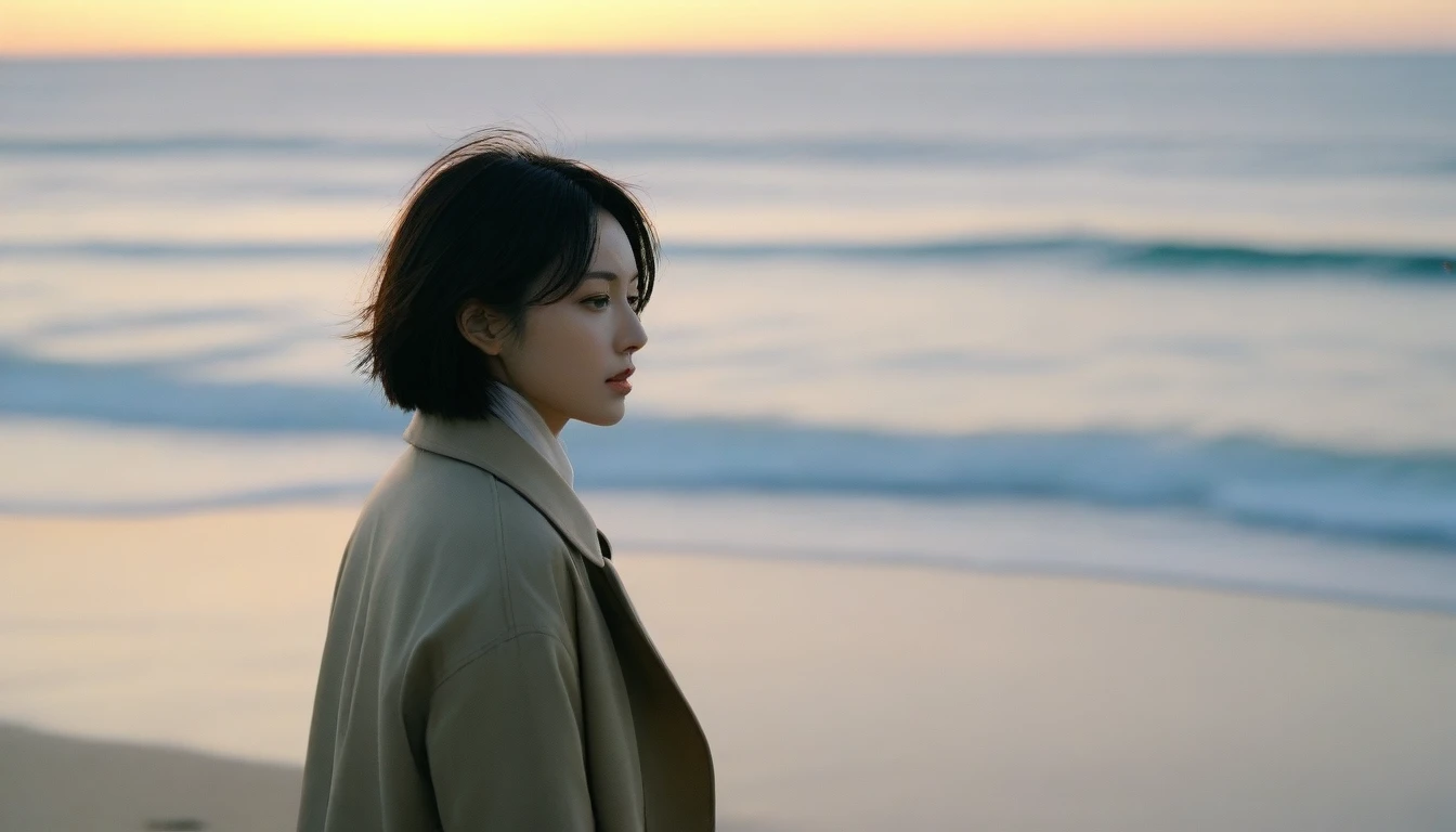 8K, Vivid picture quality, The picture quality is vivid,, long deserted beach, sunset view from afar, short hair that covers the neck, , trench coat, sunset의 붉은 빛, sunset, alone, afternoon, depressed, tide가 밀려온다, ocean, tide, wind, short korean girl, calm wave canon camera 16-35 wide angle lens, full body shot