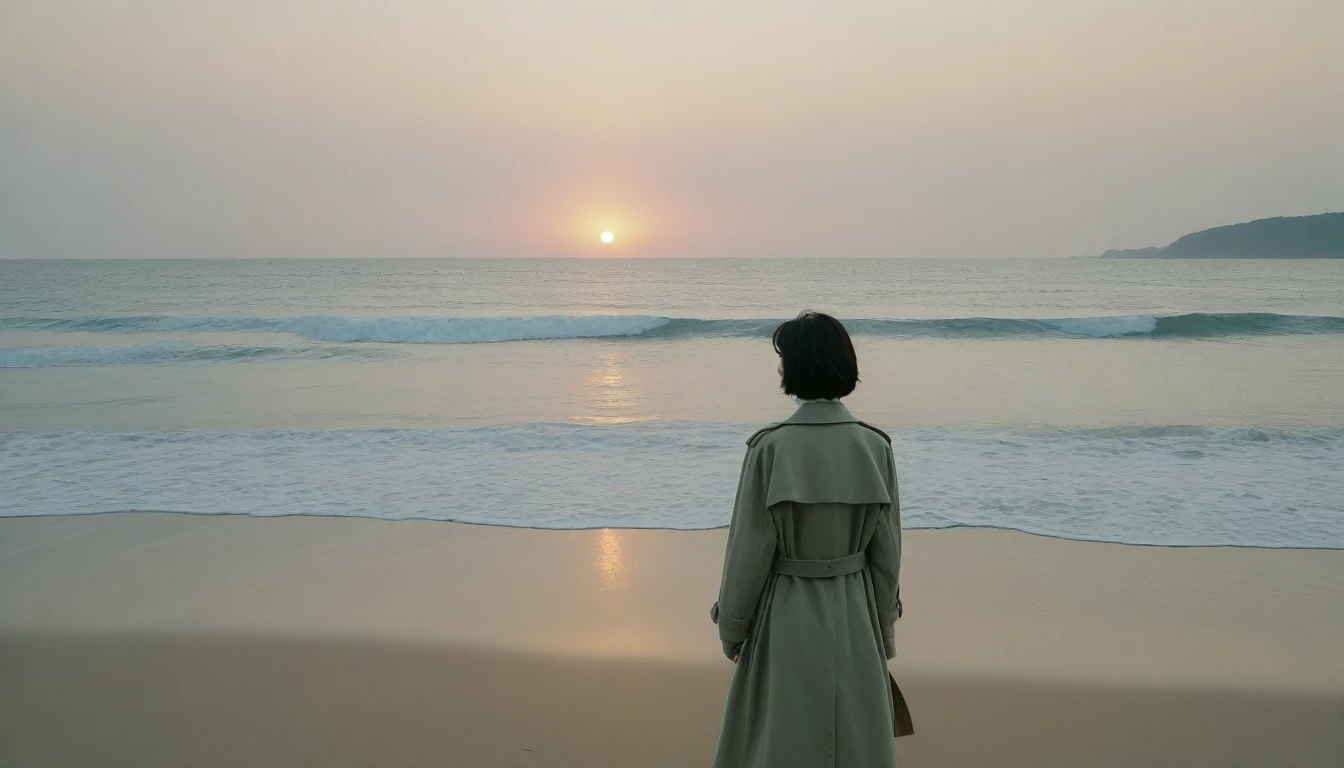 8K, Vivid picture quality, The picture quality is vivid,, long deserted beach, sunset view from afar, short hair that covers the neck, , trench coat, sunset의 붉은 빛, sunset, alone, afternoon, depressed, tide가 밀려온다, ocean, tide, wind, short korean girl, calm wave canon camera 16-35 wide angle lens, full body shot