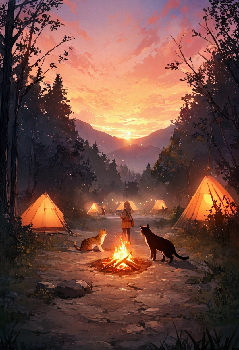 one girl, one cat, nature, camp, (high quality, ultra detailed, best quality, masterpiece, 4k, bokef effects, taken by750:1.0)