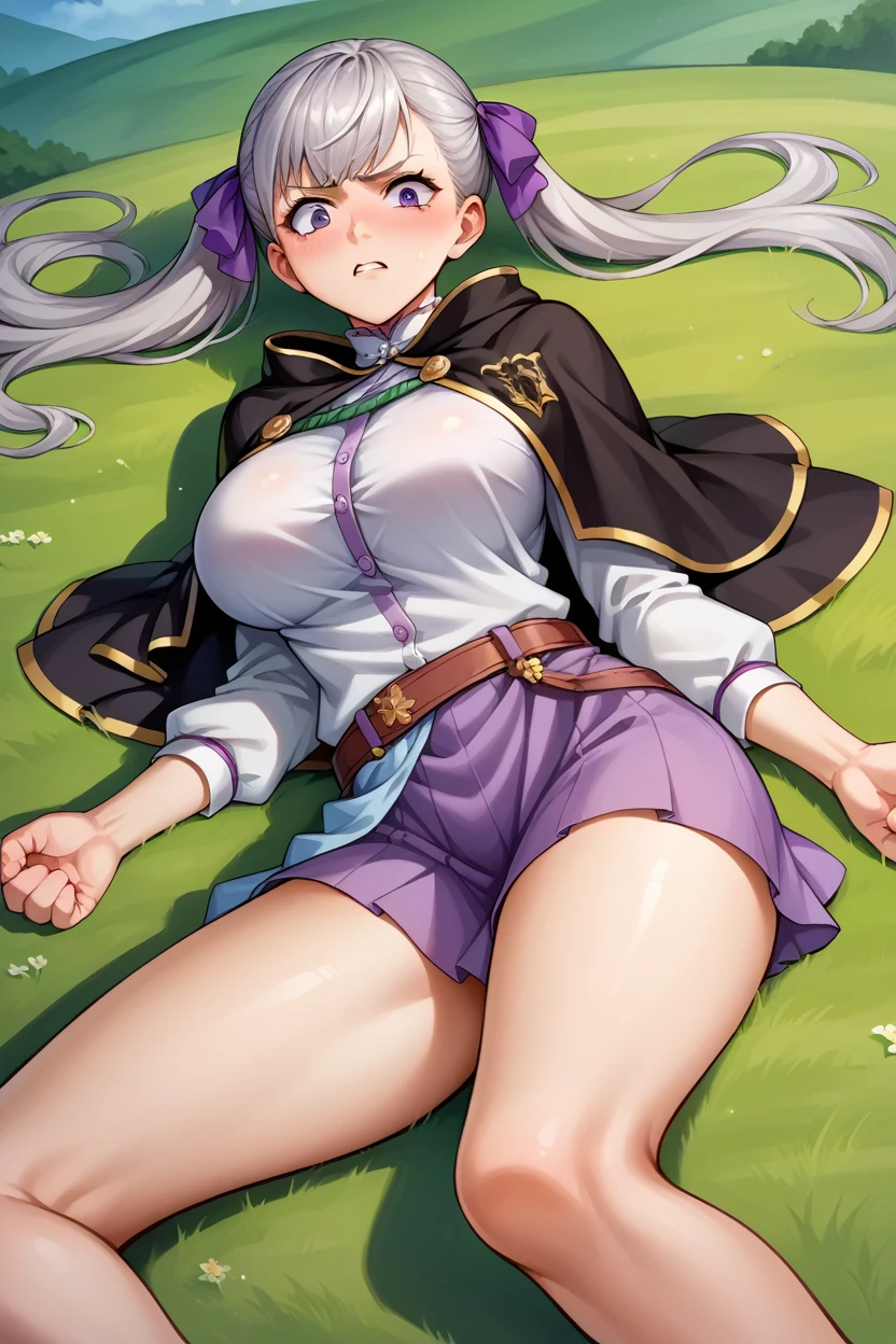 score_9, score_8_superior, score_7_superior, score_6_superior, sauce_Anime BREAK 1 Girl, Noel Silva, Grey Hair, Purple eyes, Twin tails, Hair Ribbon, Black capelet, Green Strap, White and purple dress, Long sleeve, belt, Big Breasts, Conceit, blue sky, Field, superiorper body,Tied up with rope,Lying down,Struggling,