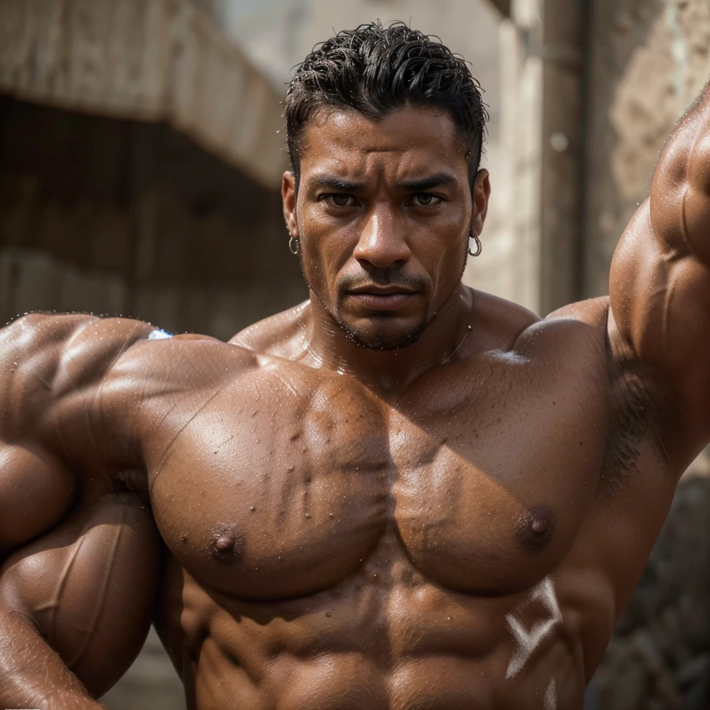 muscular mestizo man, chiseled physique, strong facial features, intense gaze, rugged skin, defined muscles, athletic pose, detailed portrait, photorealistic, high resolution, hyperrealistic, dramatic lighting, warm color palette, cinematic composition, (best quality,4k,8k,highres,masterpiece:1.2),ultra-detailed,(realistic,photorealistic,photo-realistic:1.37)