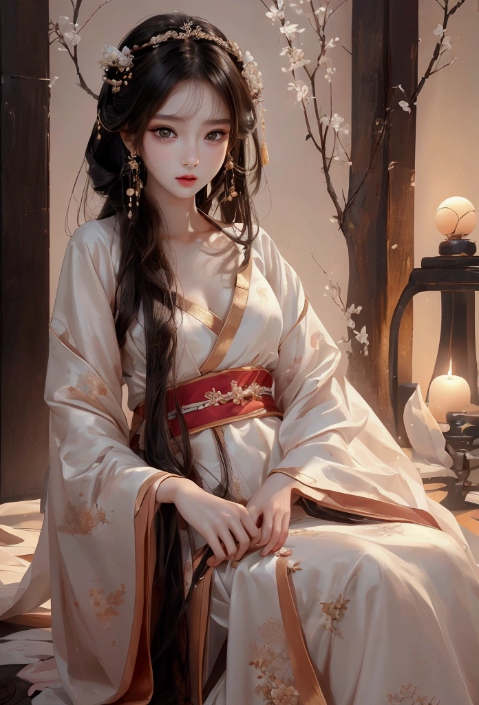 Best image quality、8K、masterpiece:1.3))、Realistic high-quality photos、Highest quality、 Beautiful face、Photos of slim models、Beautiful girl model、Young and pretty face、Beautiful model girl、A lovely and delicate face、Black Hair、Beautiful brown eyes、Young Body、Hanfu, (emphasize)、from the front、Camera gaze,、Anatomically correct、胸の谷間をemphasize、whole body、13-year-old female model