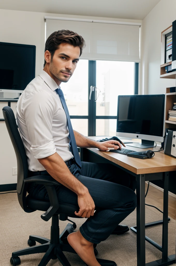  A realistic men working on the computer and sitting on the desk 