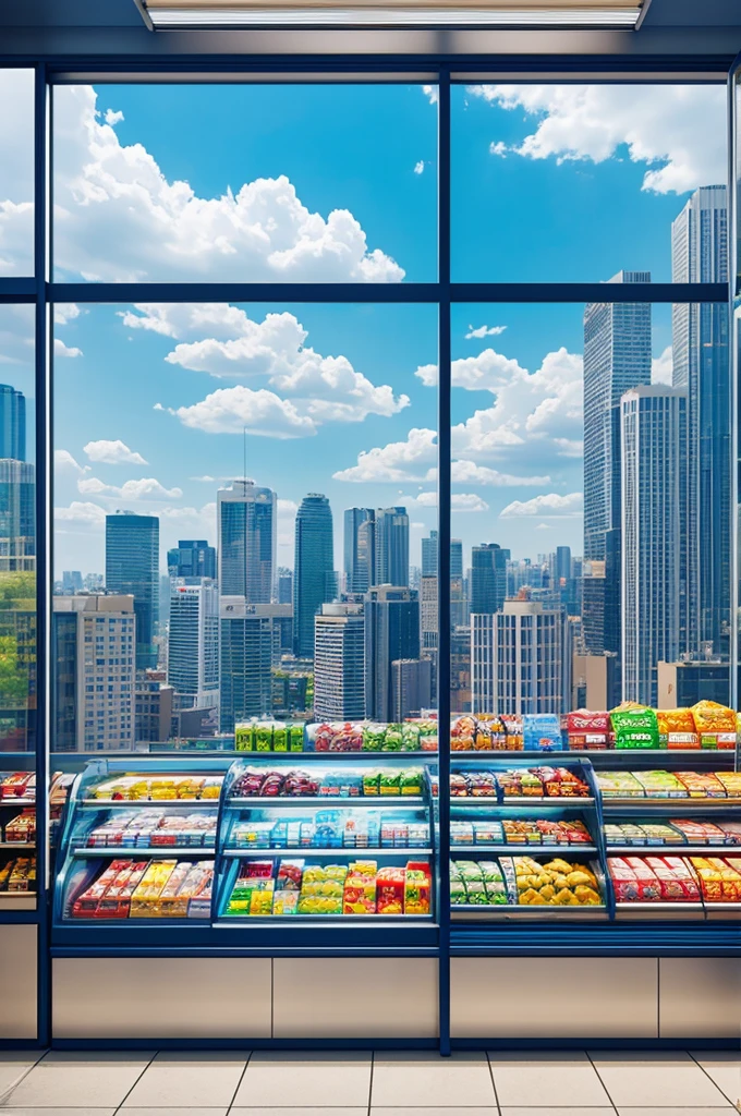 A convenience store, glass window, blue sky, city background, 4k resolution, front horizontal view