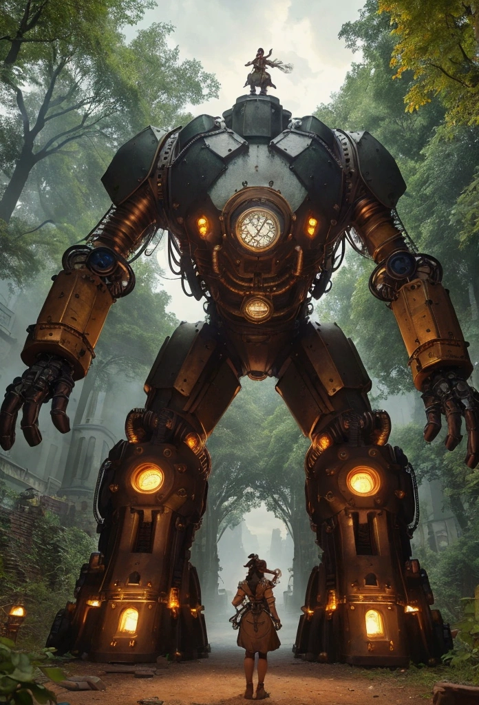 "Ultra-realistic scene of a mechanical golem and a beautiful girl, five huge golems, the girl interacting with the golem, steampunk aesthetic, vibrant details. A striking contrast between a sprawling metropolis and a lush forest."