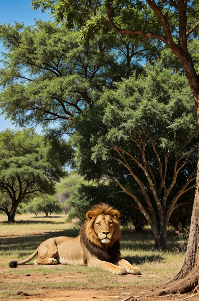 A majestic lion resting under a shady tree in the savanna."