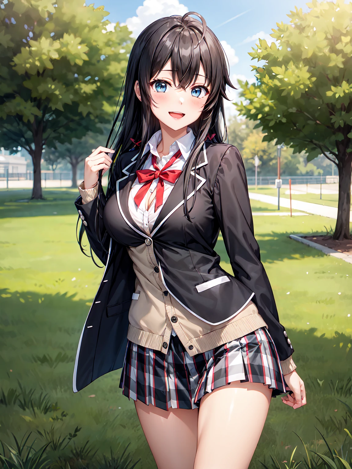 Masterpiece ,best quality , high resolution , (1 girl solo:1.38) , (yukino yukinoshita, black hair, blue eyes, long hair, ahoge) , (cleavage:1.02) , (big breast:1.03) , (blazer, cardigan, jacket, plaid skirt, school uniform, skirt, high school uniform ) , (face view , look at view , front view , from front) , ( outdoor , grass , tree , in campus ) , (standing , thighs ) , (cowboy_shot) , (smile , open mouth full face blush , shy )