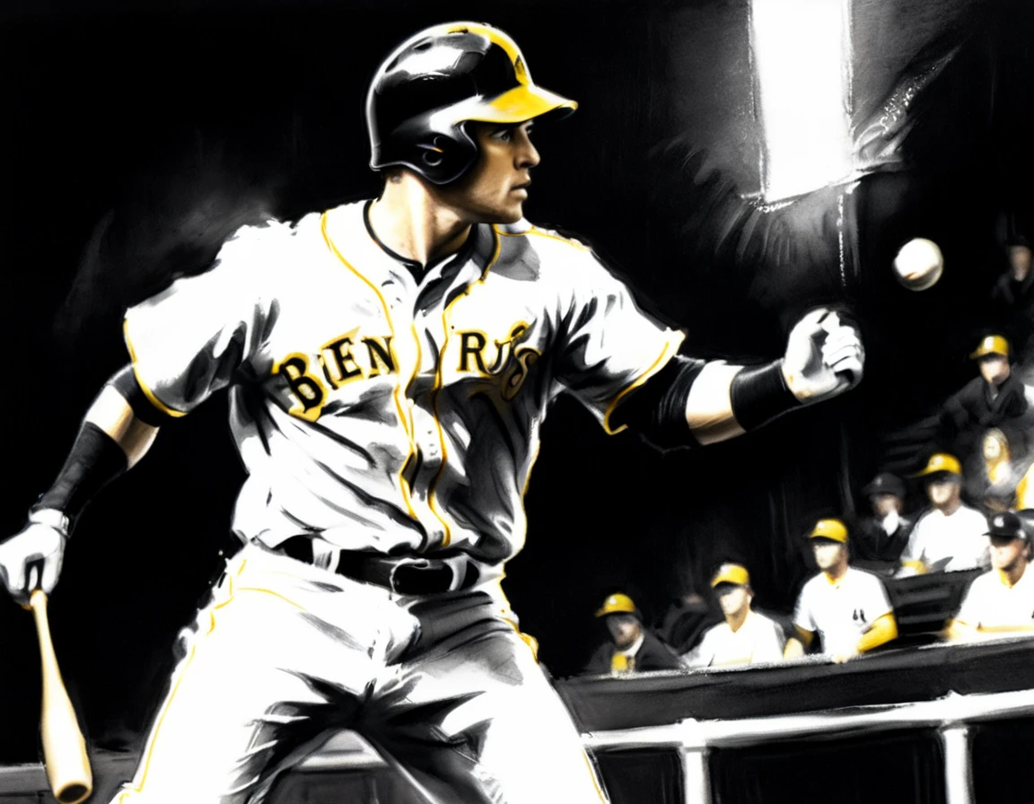 Charcoal work of art, ((using only black, white and yellow:1.5)) masterpiece, a baseball player hitting a home run in baseball game, highest quality, Best aesthetics), best details, best quality, highres, ultra wide angle, 16k, [ultra detailed], masterpiece, best quality, (extremely detailed), CharcoalDarkStyle